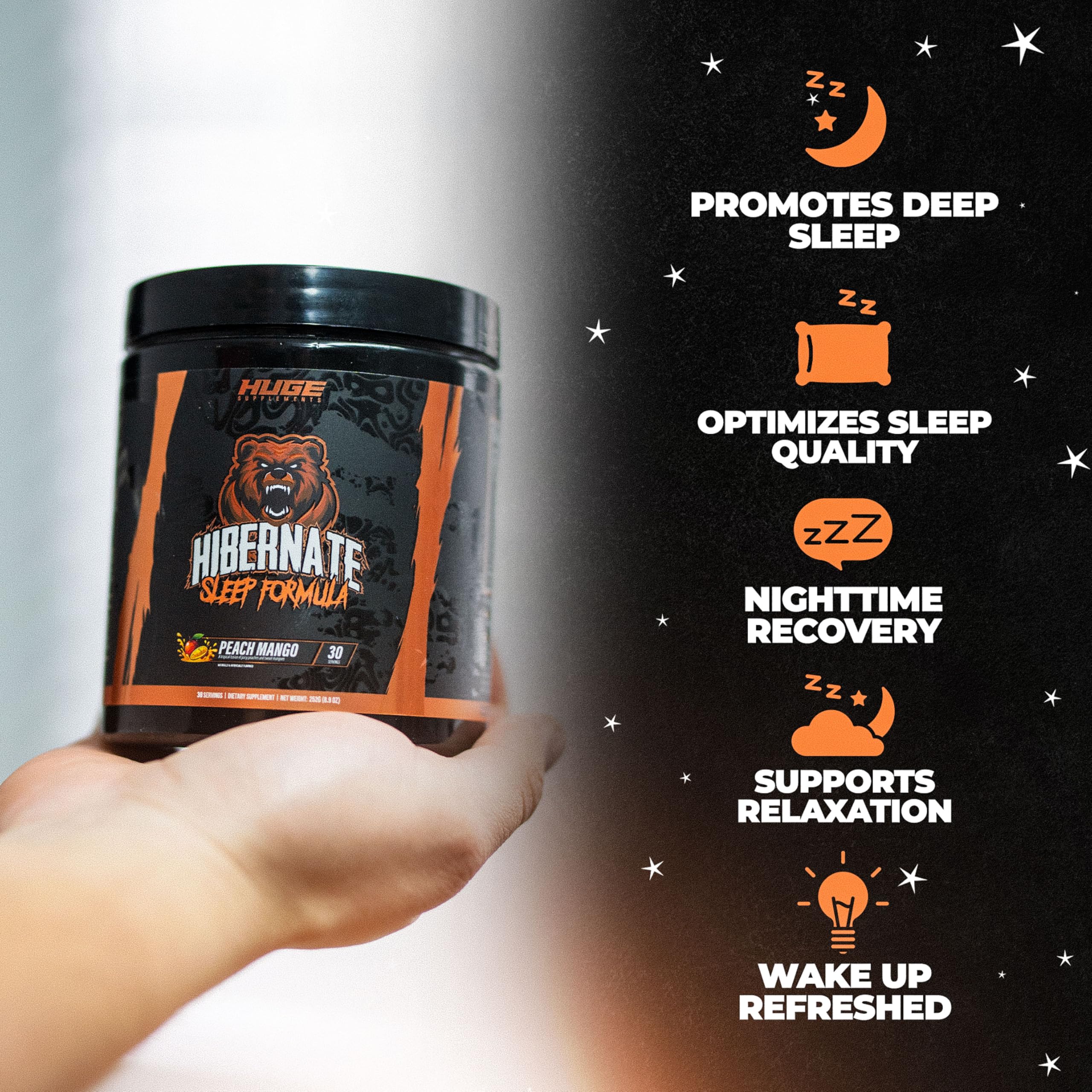 Cucharada con porción de Hibernate de Huge Supplements para fácil dosificación
