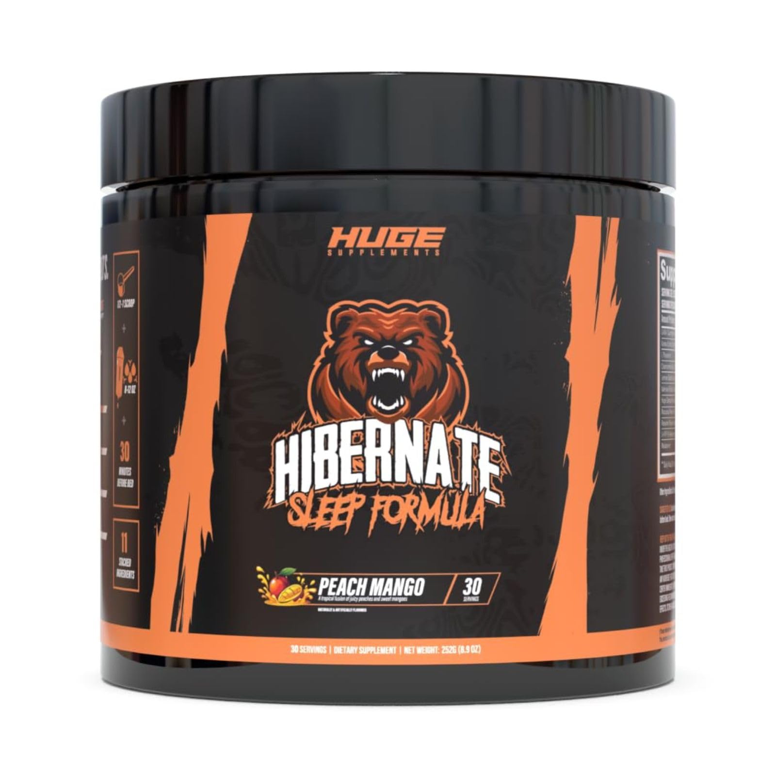 Huge Supplements envase frente mostrando sabor durazno mango y beneficios