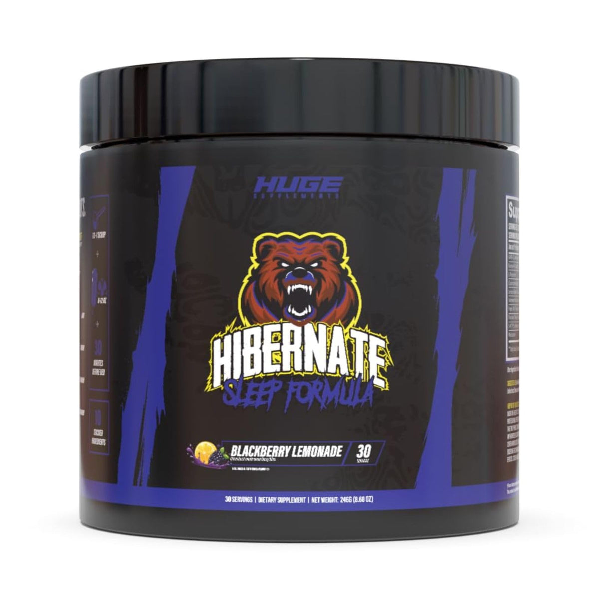Huge Supplements bote frontal y sabor BlackBerry Lemonade mostrando diseño y confianza