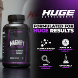 Huge Supplements magnify comparación de tamaño envase de 180 cápsulas para duración