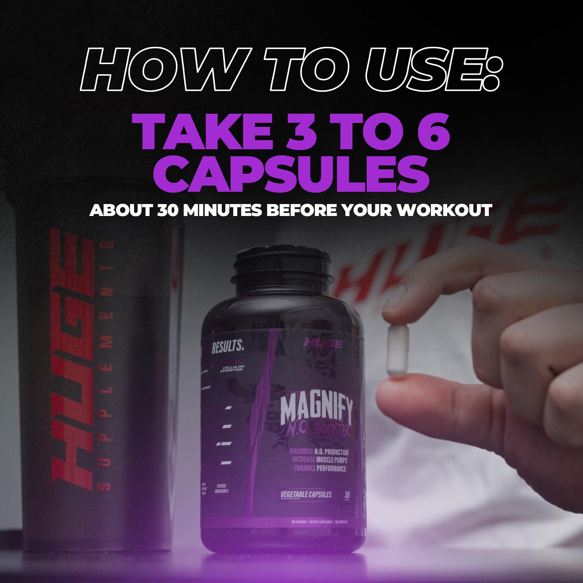Huge Supplements magnify estilo de vida atleta antes y durante sesión con efecto visible