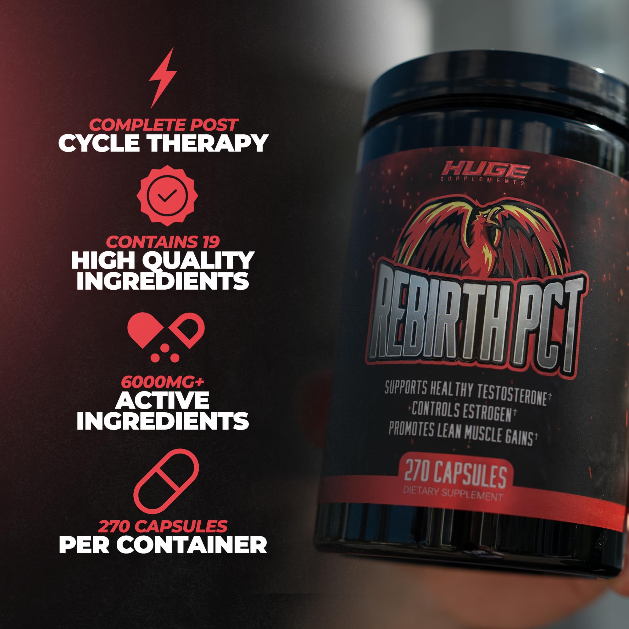 Huge Supplements Rebirth PCT comparación de tamaño con mano para escala visual