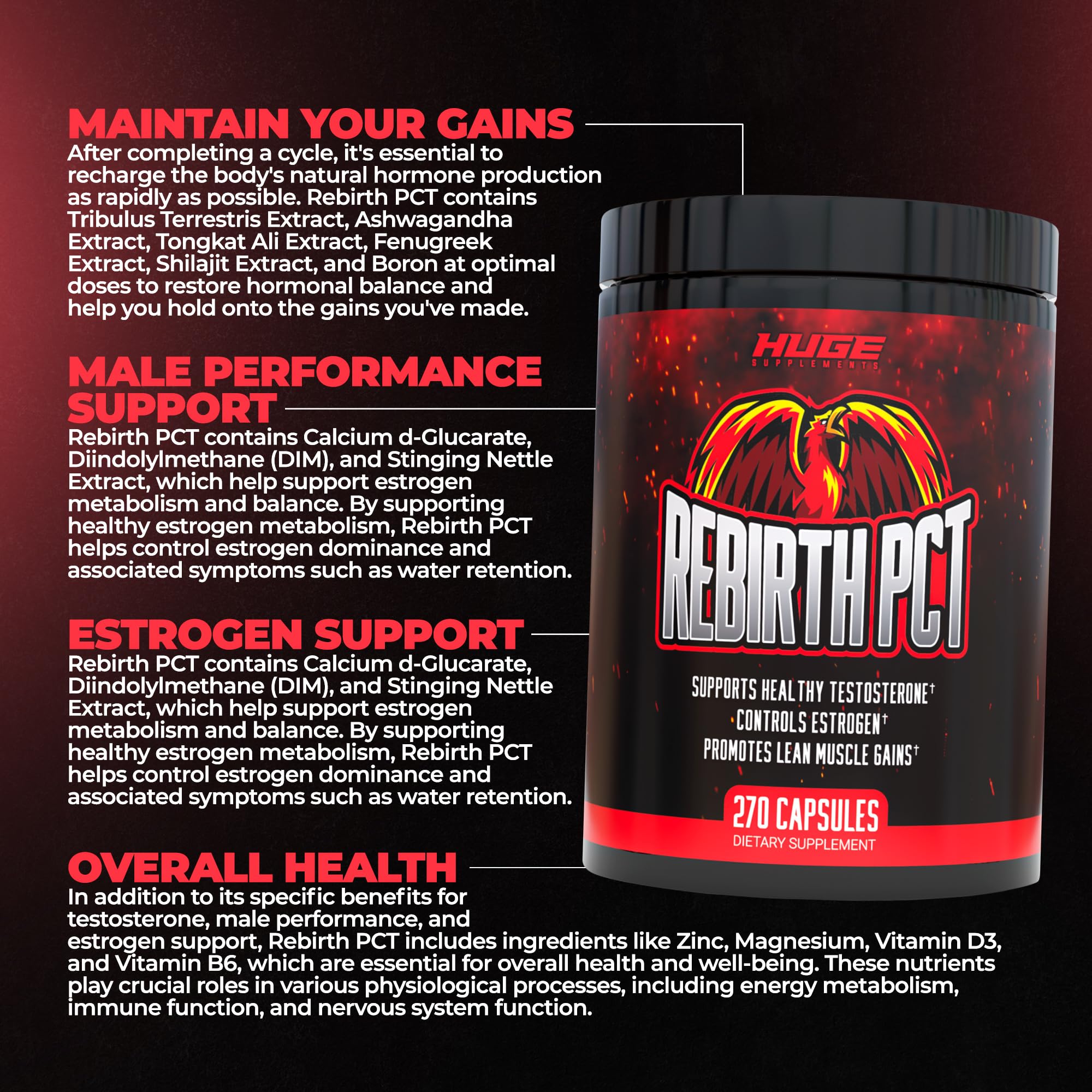 Huge Supplements envase abierto con cápsulas Rebirth PCT listo para el protocolo
