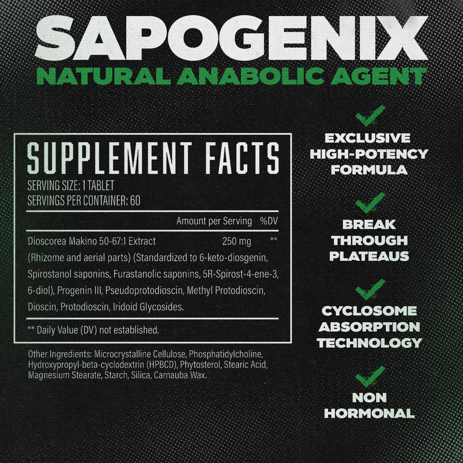 Huge Supplements sapogenix detalle de tabletas que revela textura y alta potencia