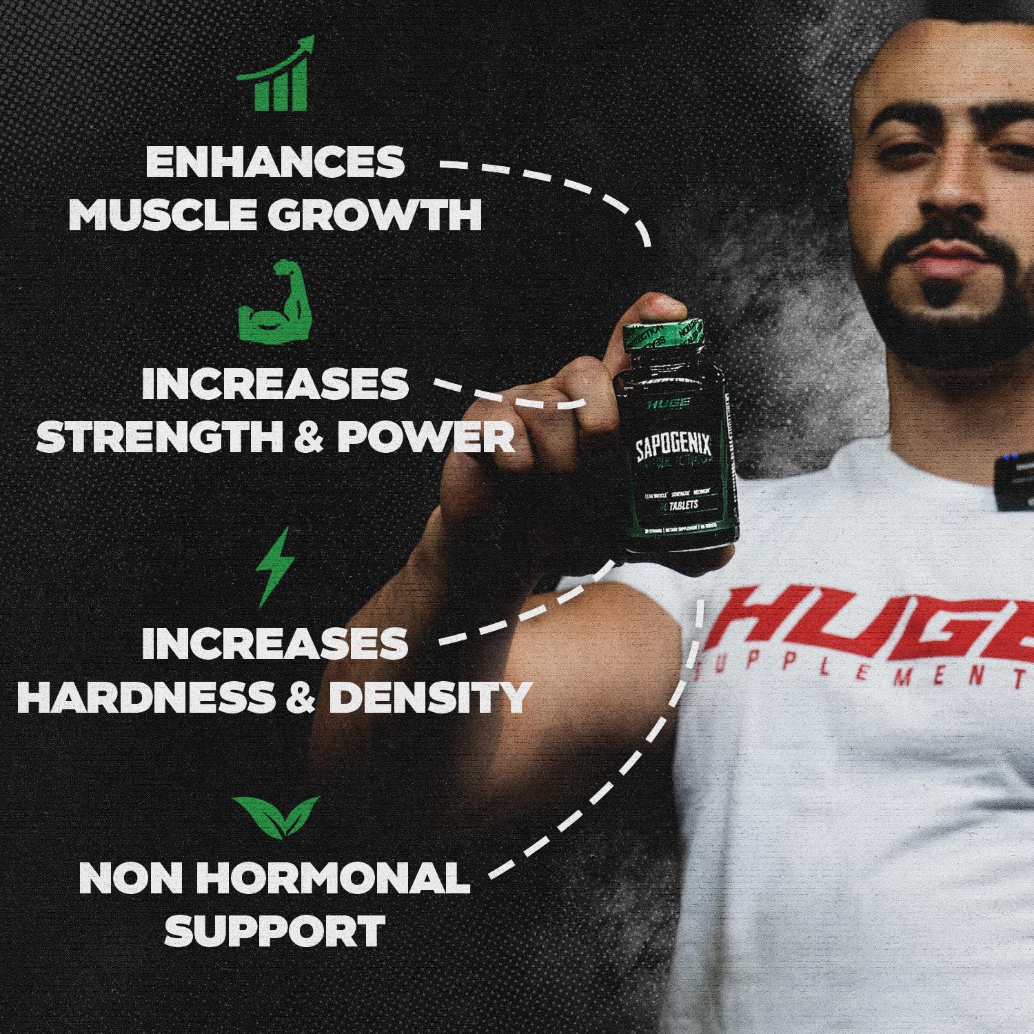 Huge Supplements sapogenix tabletas en mano para mostrar tamaño y dosificación práctica