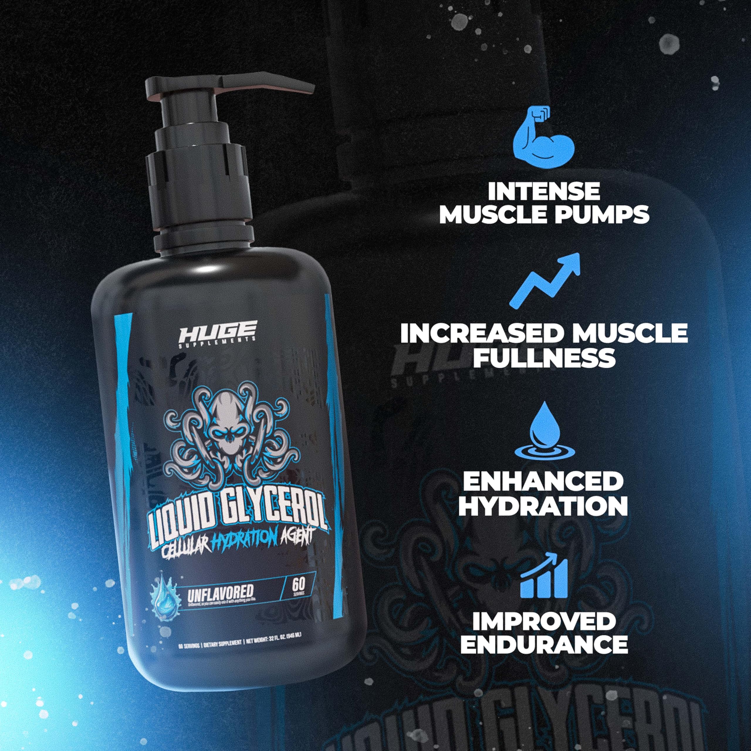 Cierre cercano de la textura líquida de Huge Supplements mostrando pureza y claridad