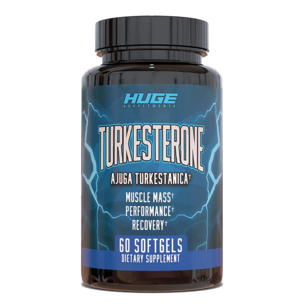 Huge Supplements frasco frontal mostrando 60 softgels y beneficio de absorción rápida