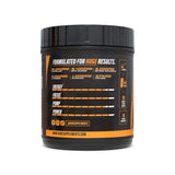 Huge Supplements bote abierto con polvo esparcido mostrando color y consistencia