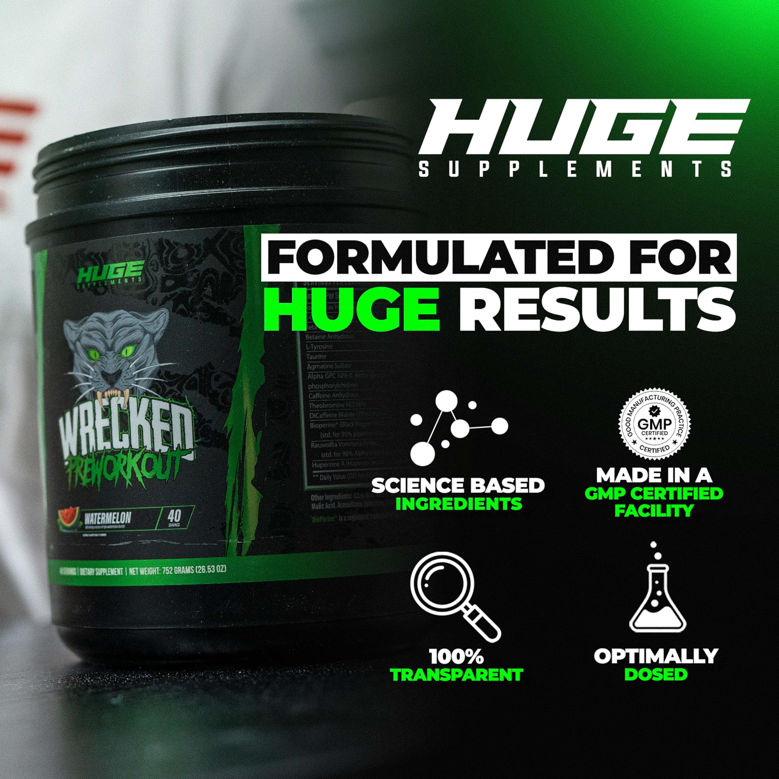 Etiqueta de Wrecked Huge Supplements mostrando ingredientes y dosis claras