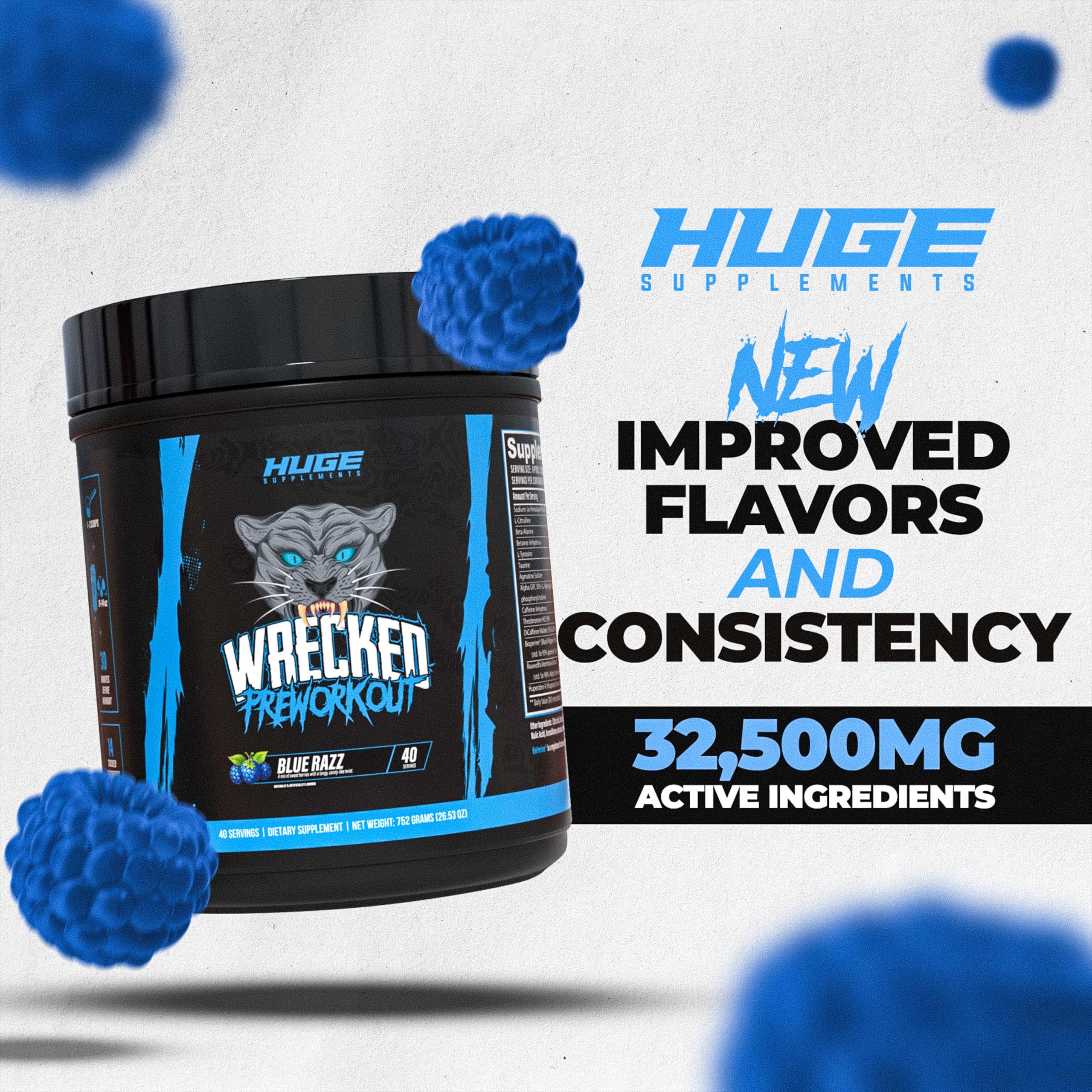 Huge Supplements atleta usando Wrecked en gimnasio demostrando enfoque y potencia