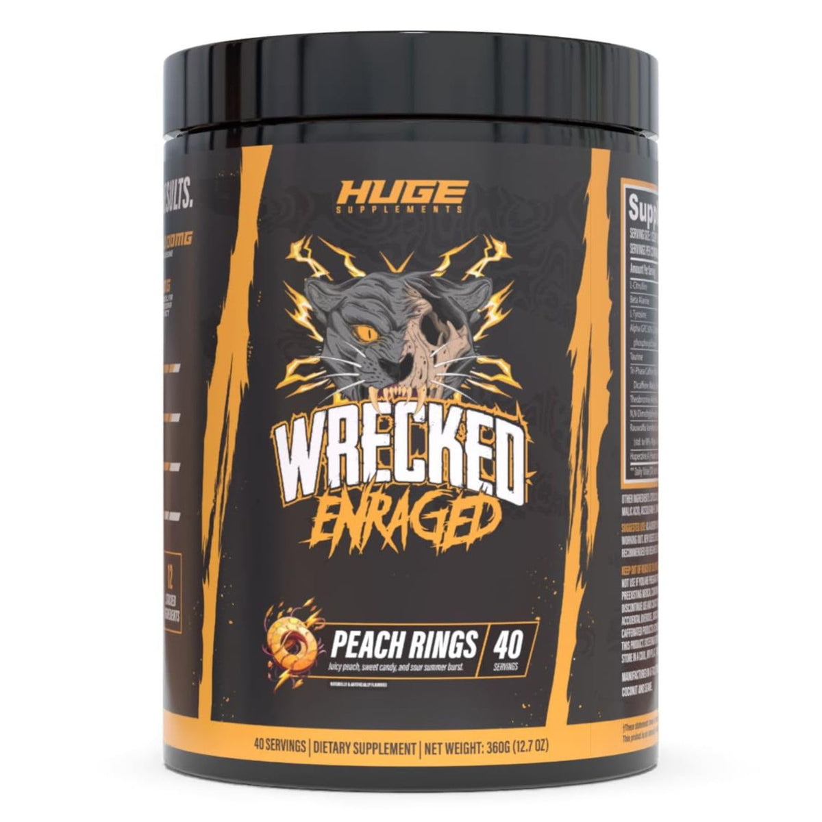 Huge Supplements bote frontal mostrando diseño y 40 servicios para entrenamiento intenso