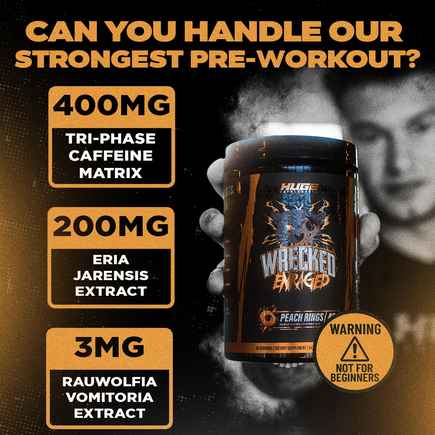 Envase junto a vaso para comparar tamaño y visualizar 40 servicios de Huge Supplements