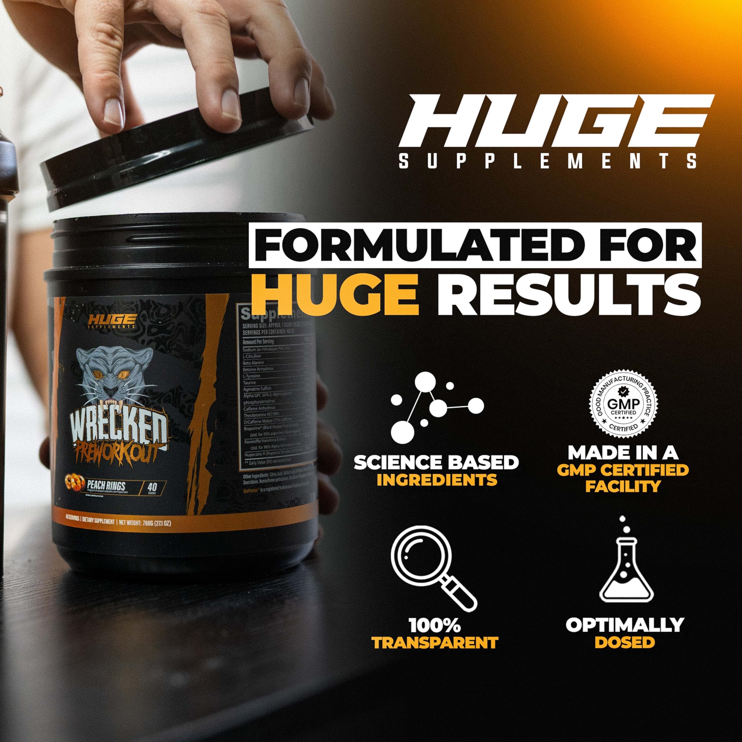 Huge Supplements etiqueta con ingredientes clave y dosificaciones visibles
