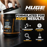 Huge Supplements etiqueta con ingredientes clave y dosificaciones visibles