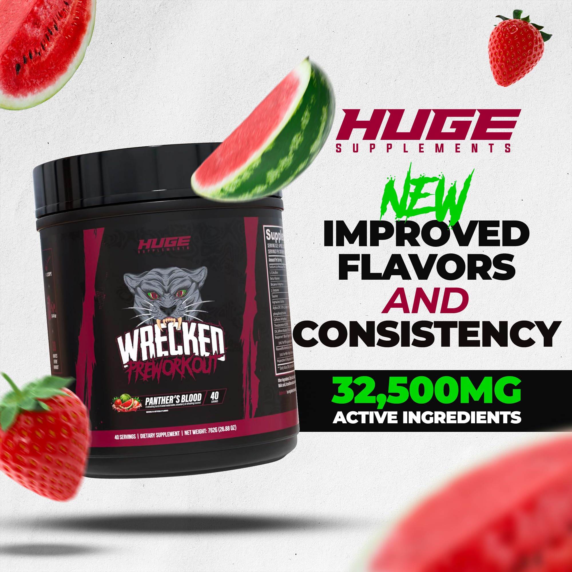 Huge Supplements etiqueta Wrecked con ingredientes y dosificaciones visibles