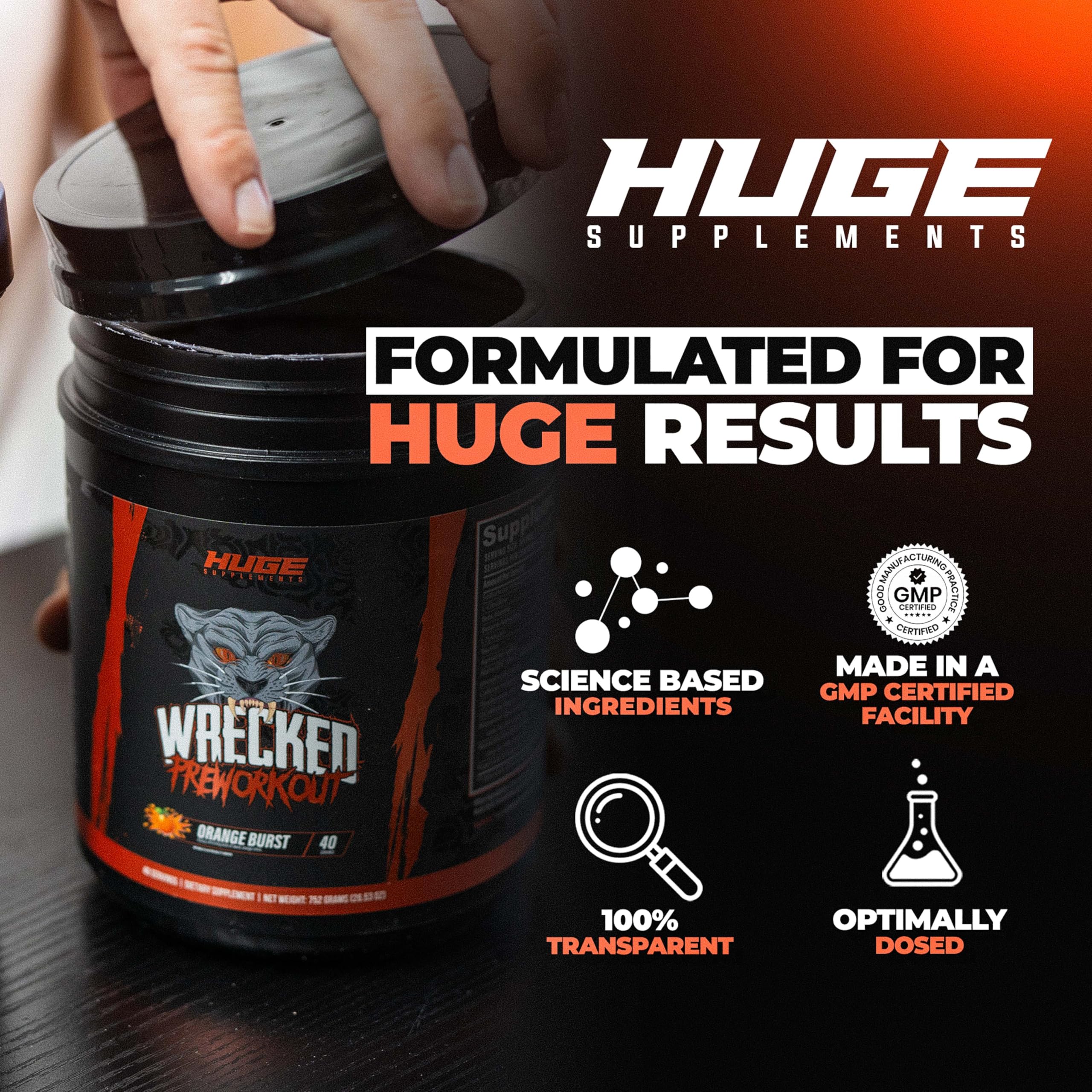 Huge Supplements Wrecked etiqueta con lista de ingredientes y dosis claras
