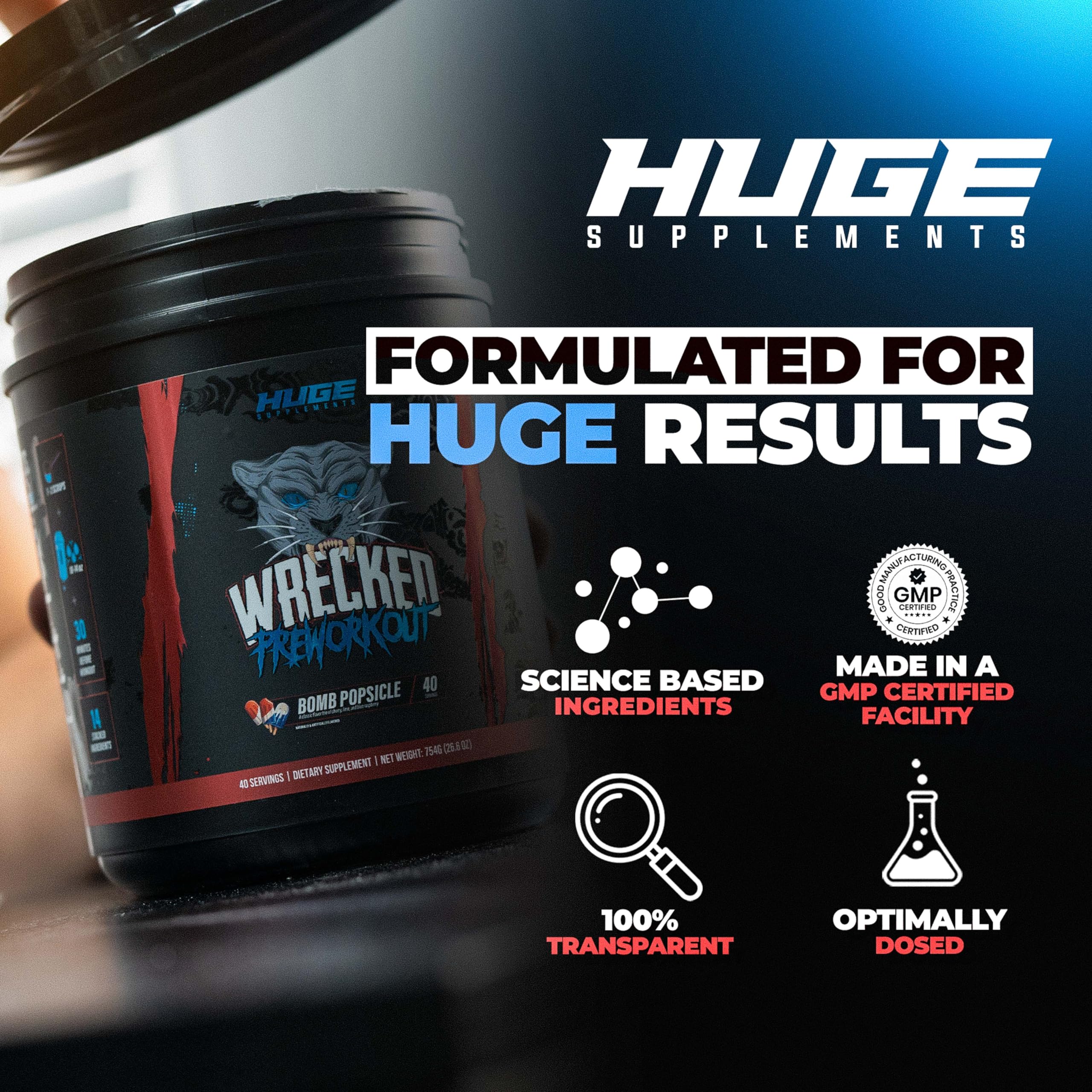 Huge Supplements etiqueta con lista de ingredientes y dosificaciones claras