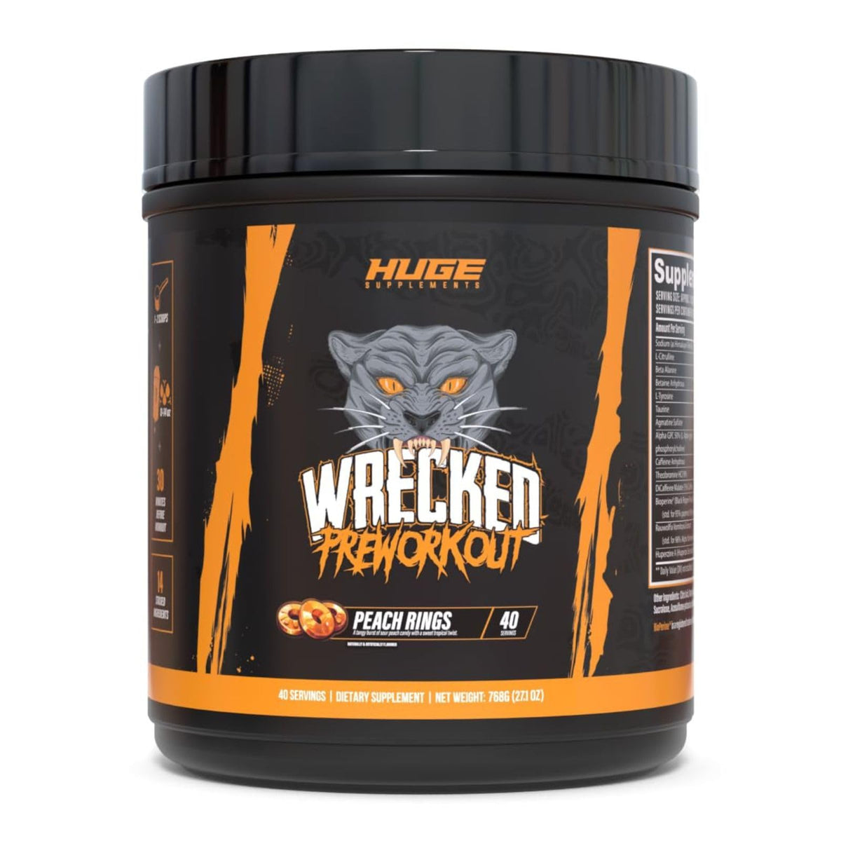 Huge Supplements frente del envase mostrando diseño y beneficio de energía