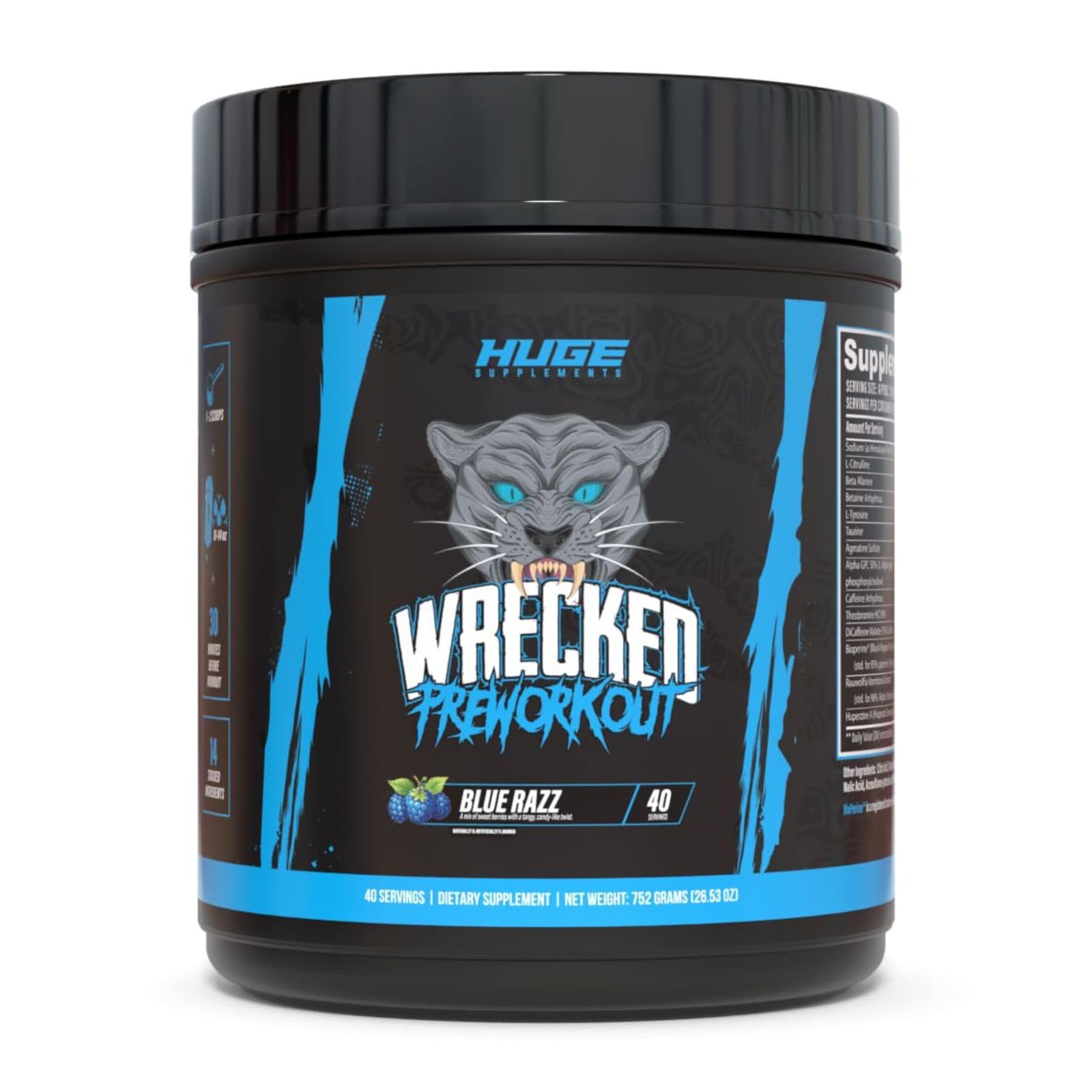 Huge Supplements bote Wrecked pre-workout vista frontal con diseño llamativo y beneficio de energía