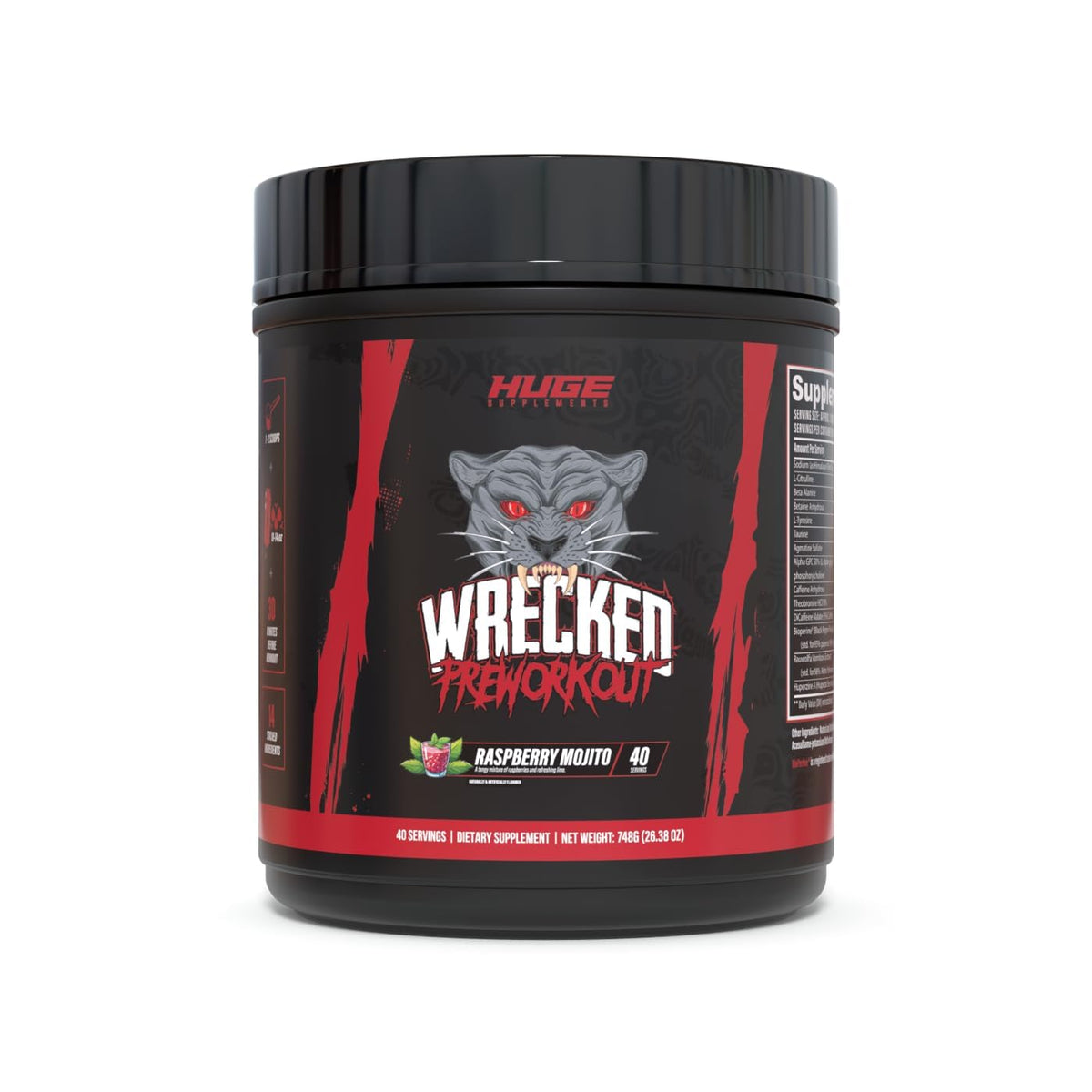 Huge Supplements frasco Wrecked frente mostrando diseño y beneficios