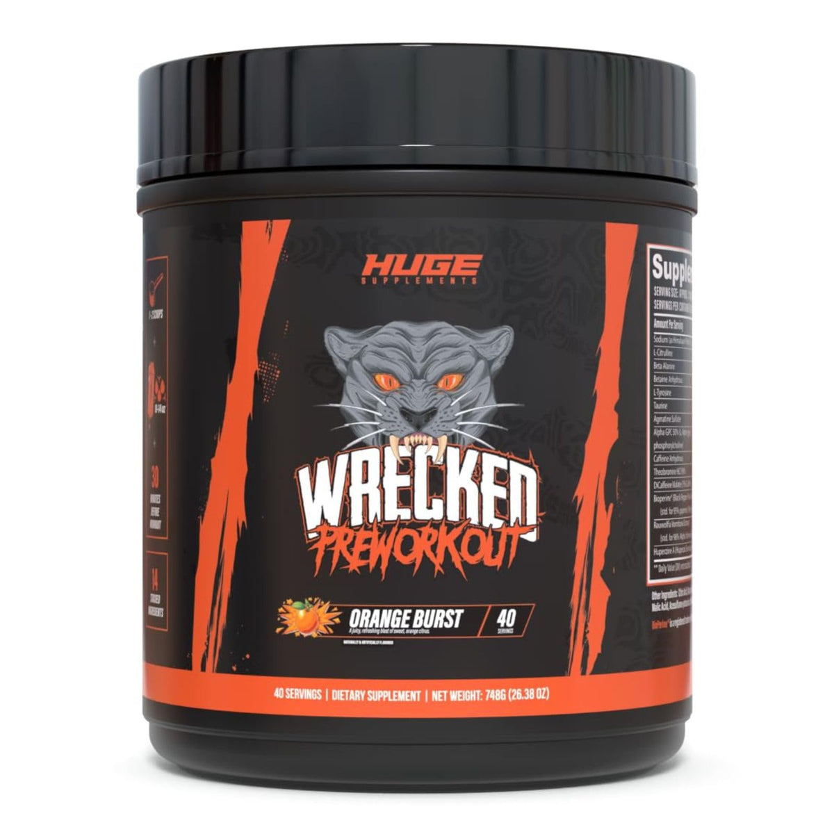 Huge Supplements Wrecked vista frontal con envase y diseño atractivo