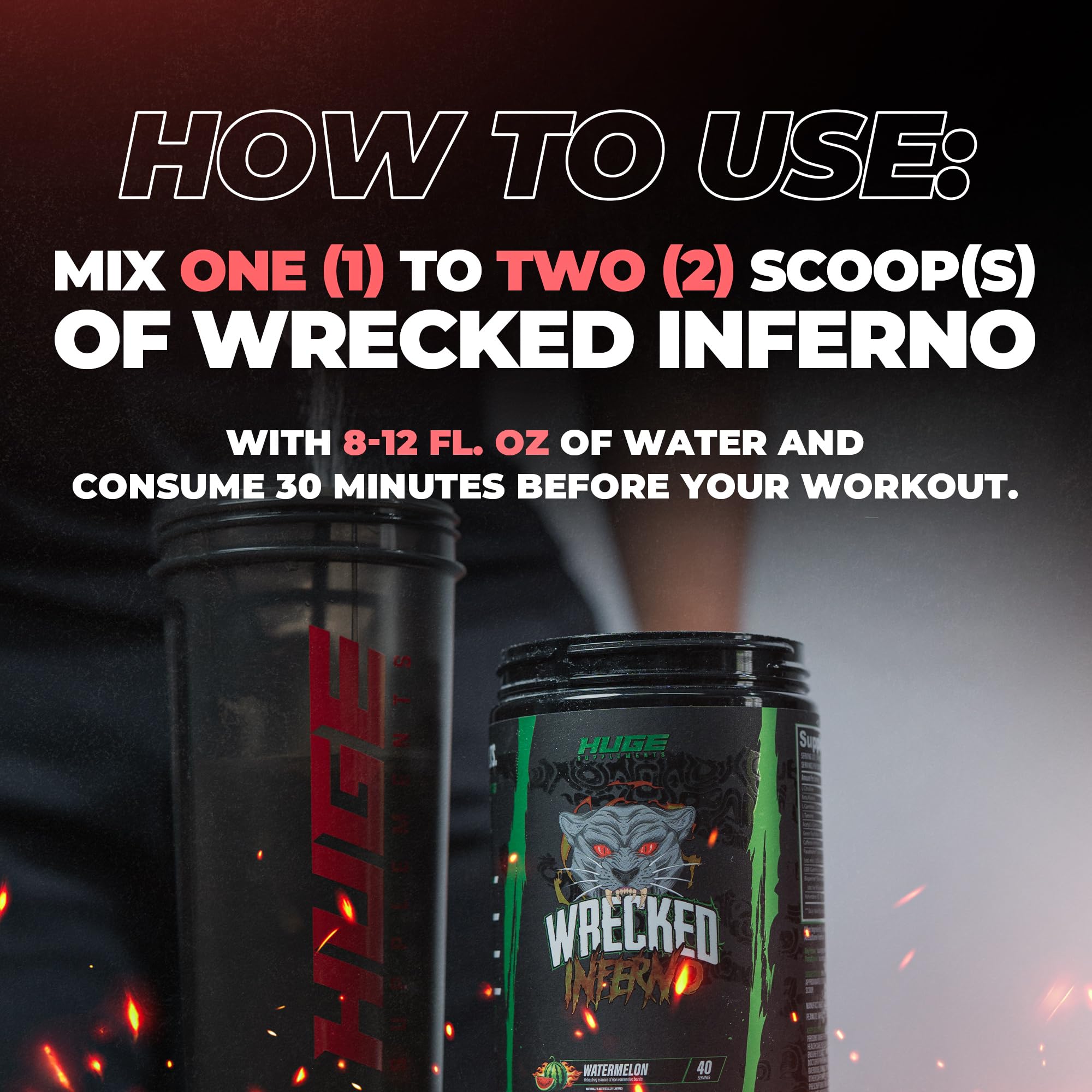 Usuario en gimnasio tomando Wrecked Inferno de Huge Supplements antes del entrenamiento