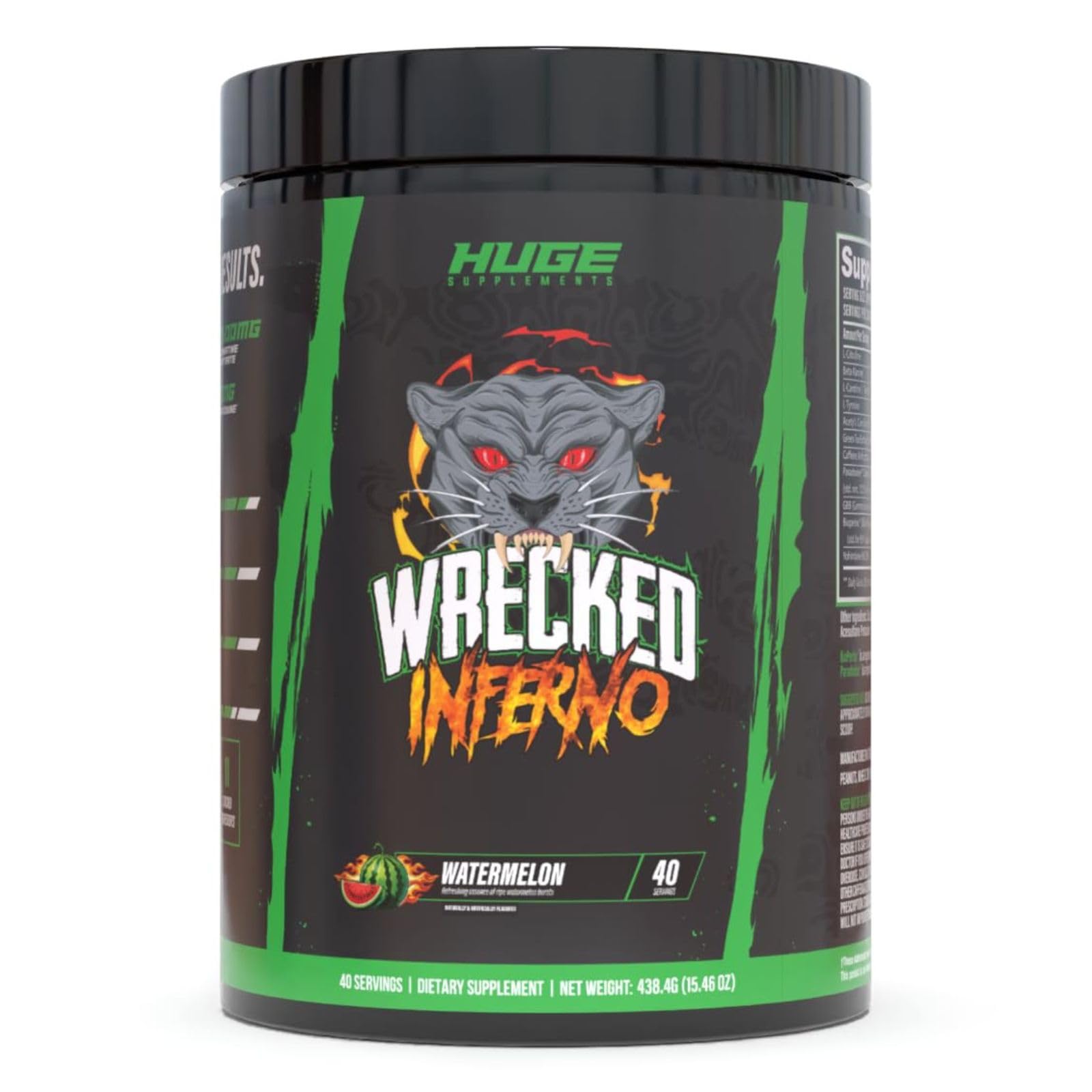 Huge Supplements bote frontal del Wrecked Inferno mostrando diseño y uso