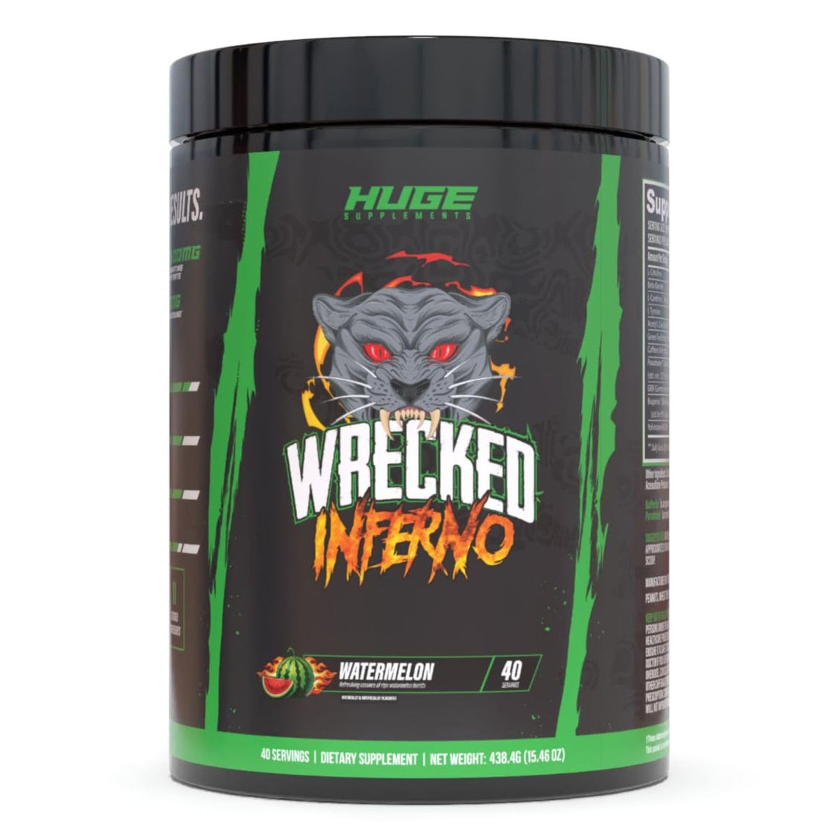 Huge Supplements bote frontal del Wrecked Inferno mostrando diseño y uso