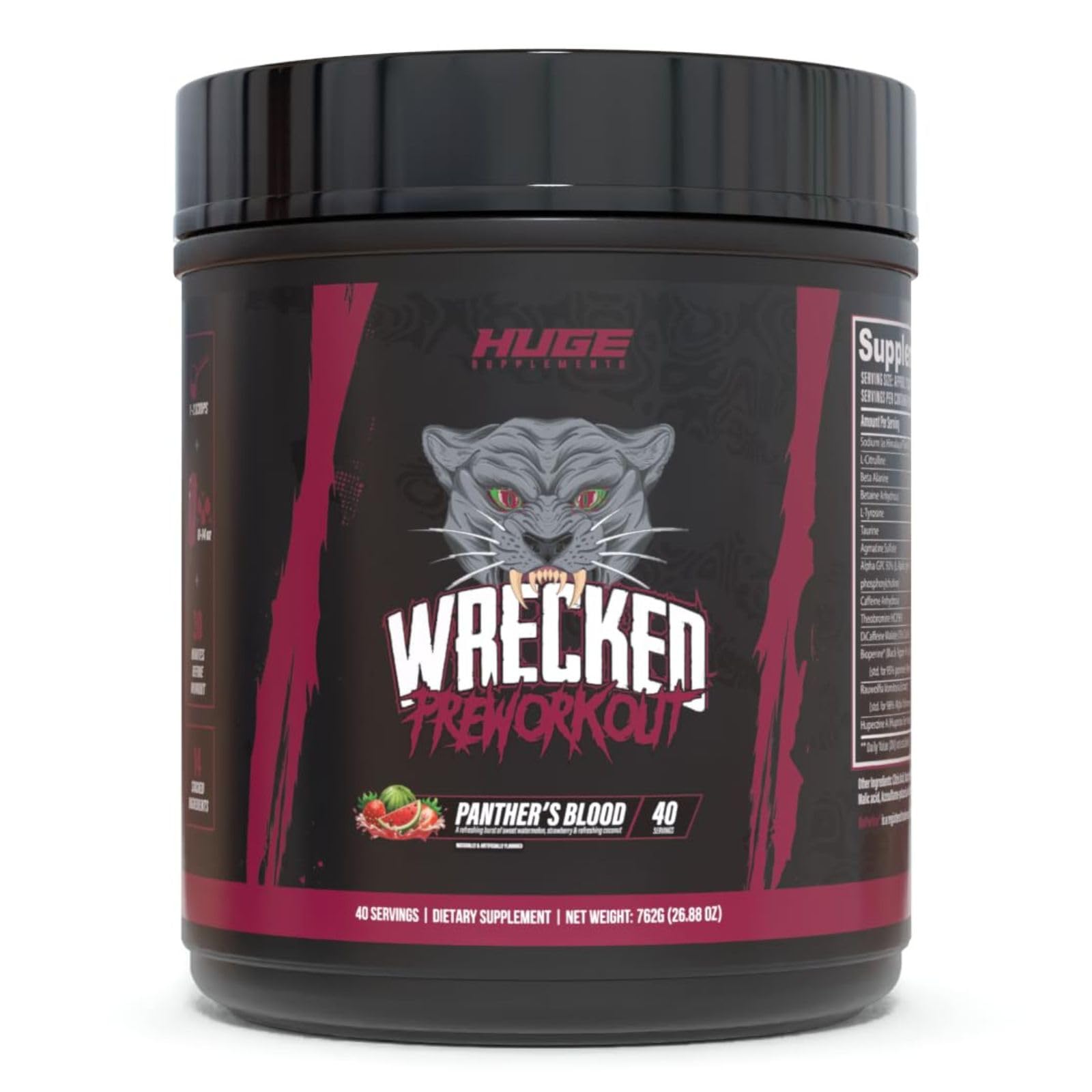 Huge Supplements bote frontal Wrecked mostrando diseño y beneficio visual