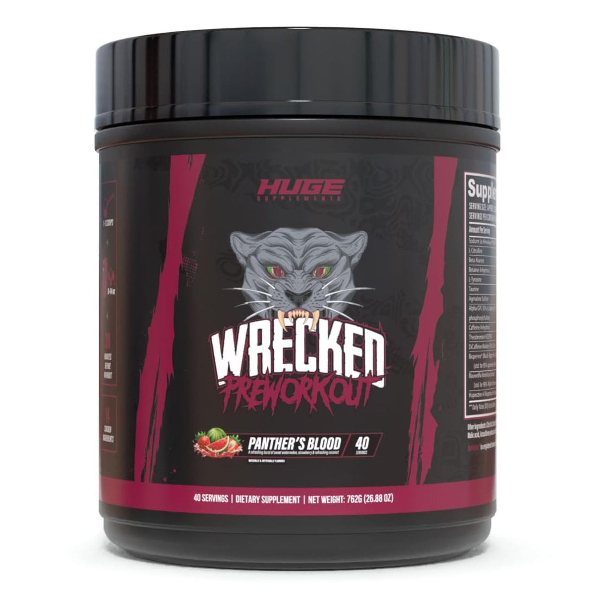 Huge Supplements bote frontal Wrecked mostrando diseño y beneficio visual