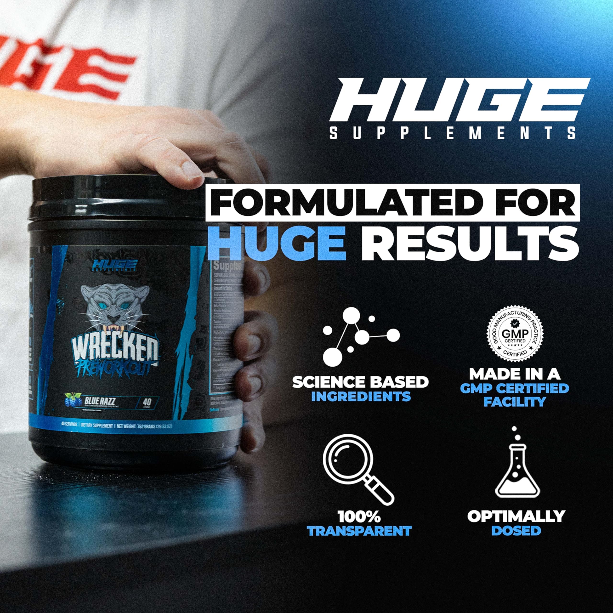 Huge Supplements bebida Wrecked en vaso mezclado listo para tomar con efecto energizante