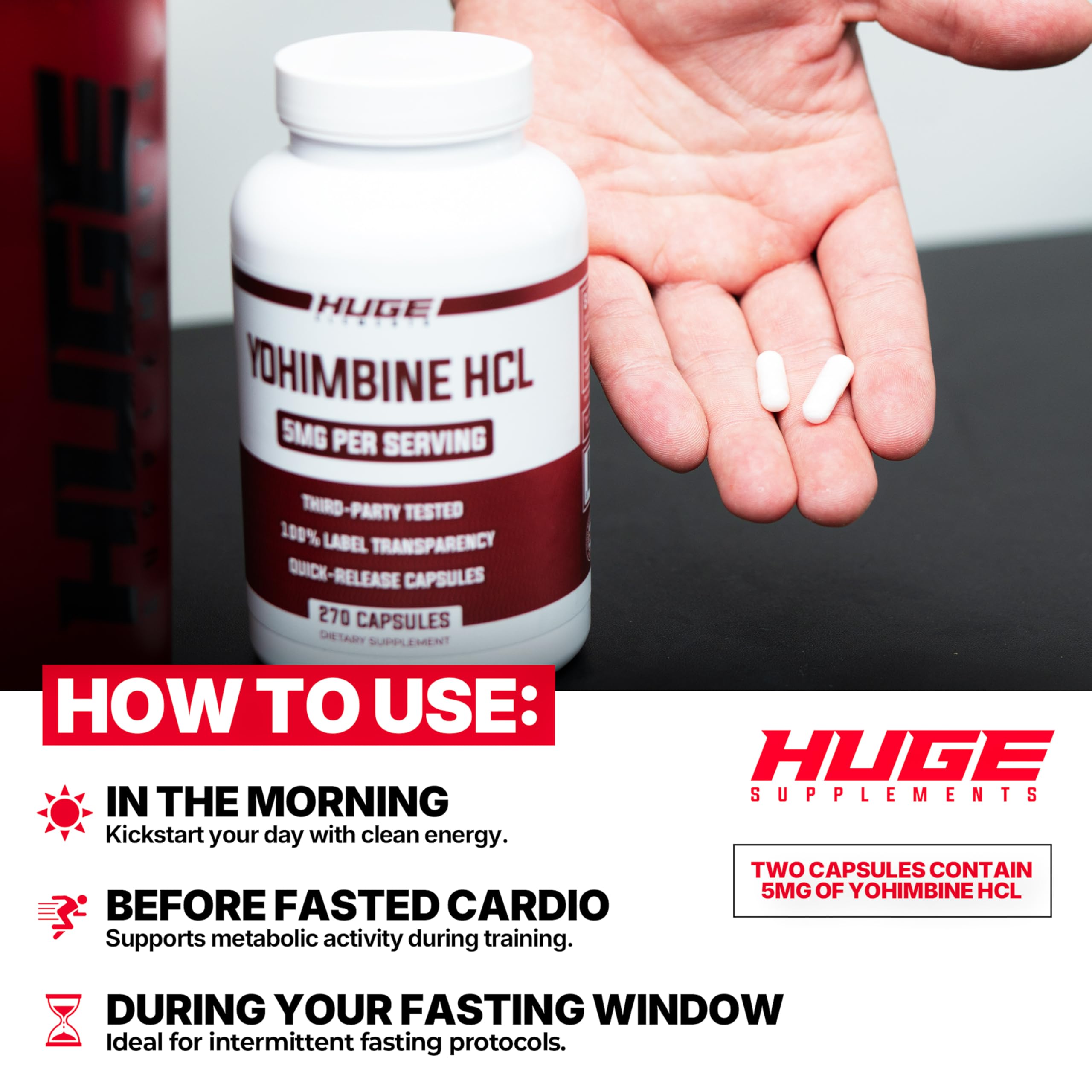 Usuario en gimnasio con Huge Supplements Yohimbine antes de entrenar mejora enfoque