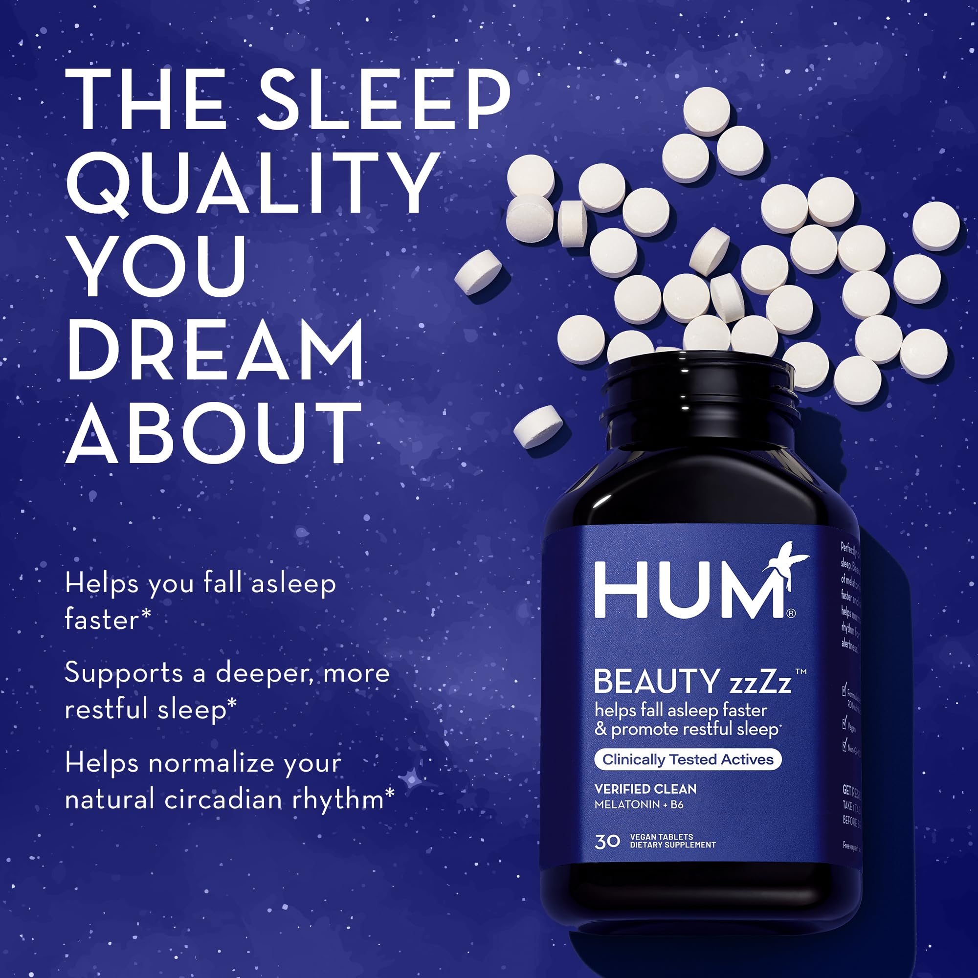 Envase HUM Beauty zzZz abierto con tabletas visibles para uso nocturno