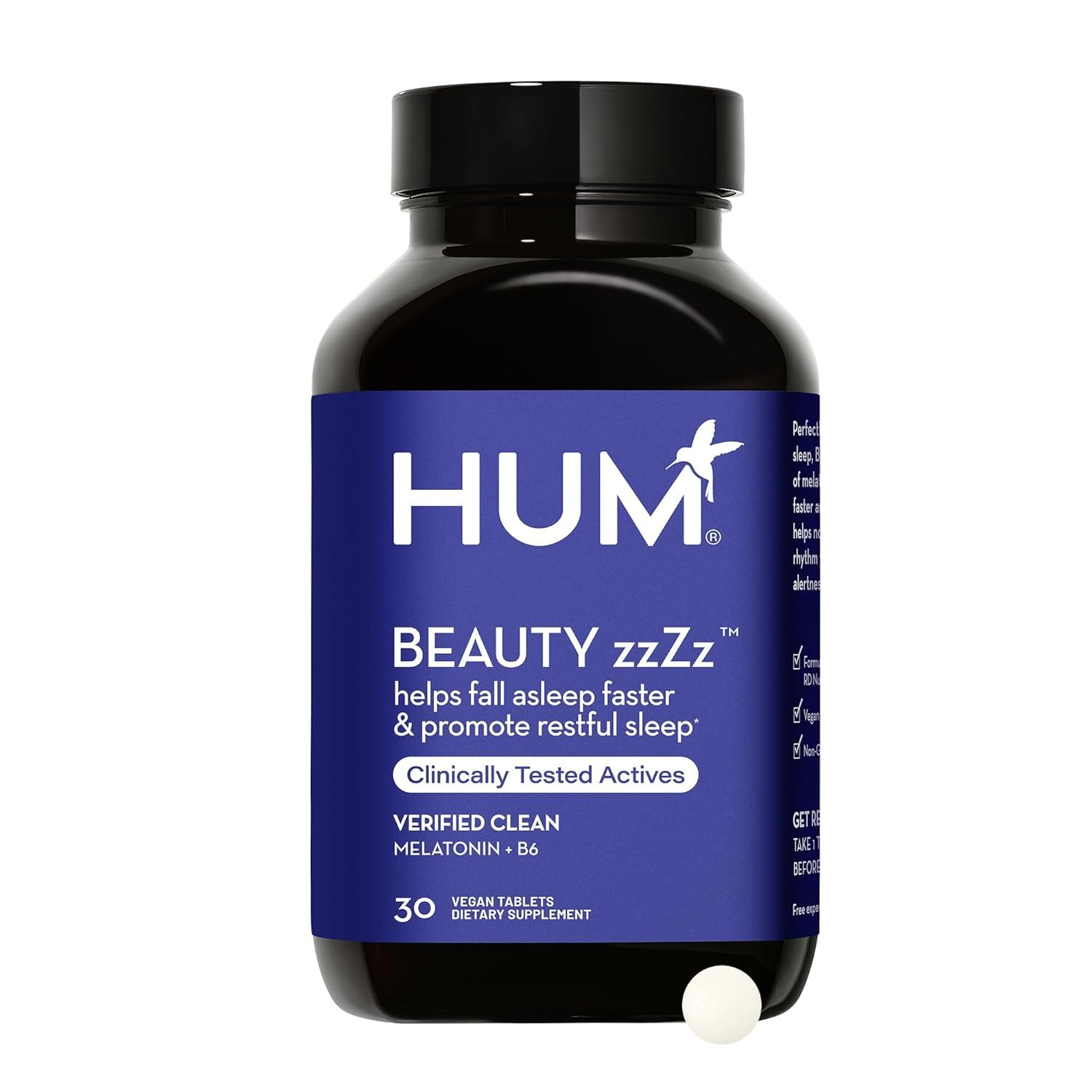 HUM Beauty zzZz frasco frontal mostrando etiqueta clara y beneficios