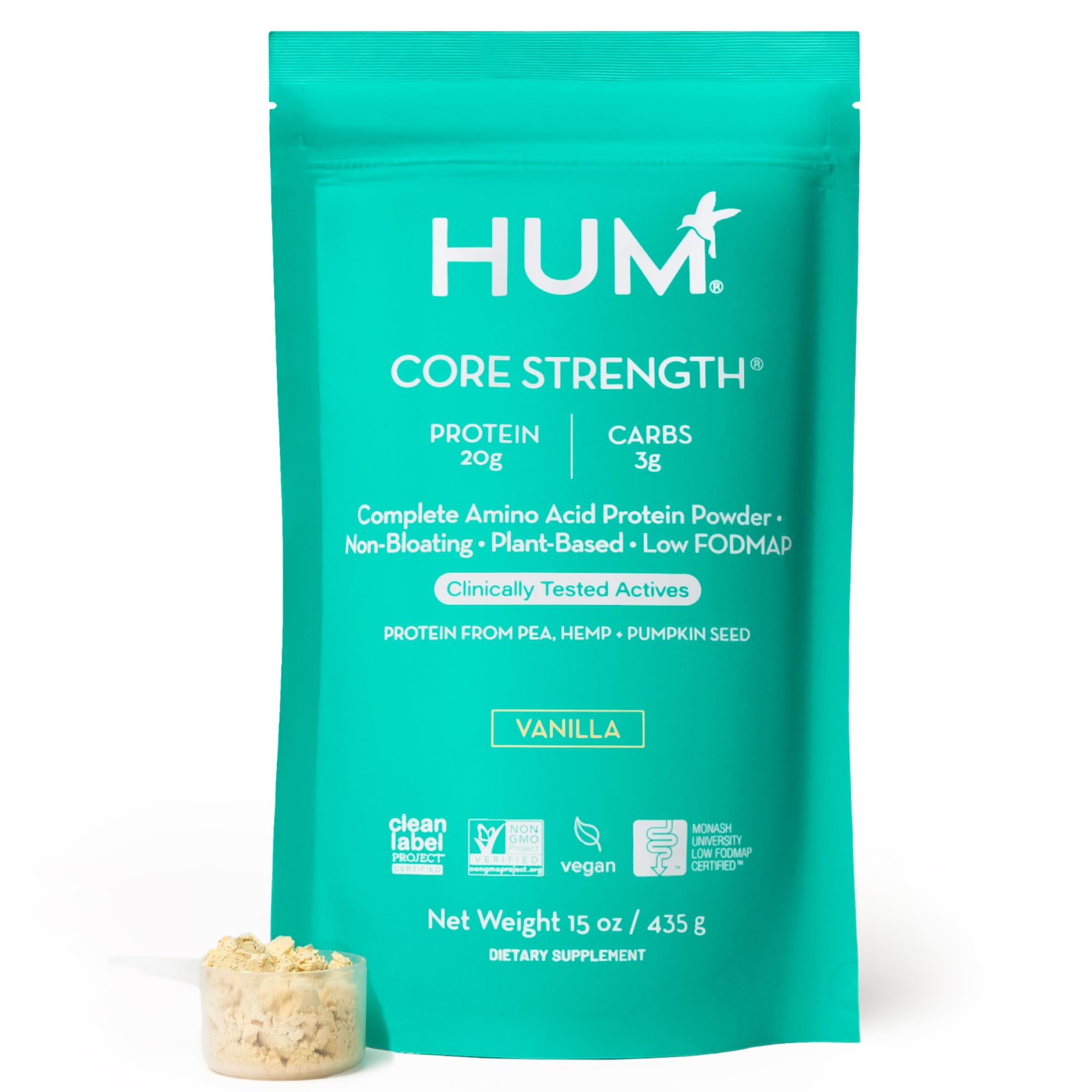 HUM Core Strength frente del paquete mostrando la marca y beneficio digestivo