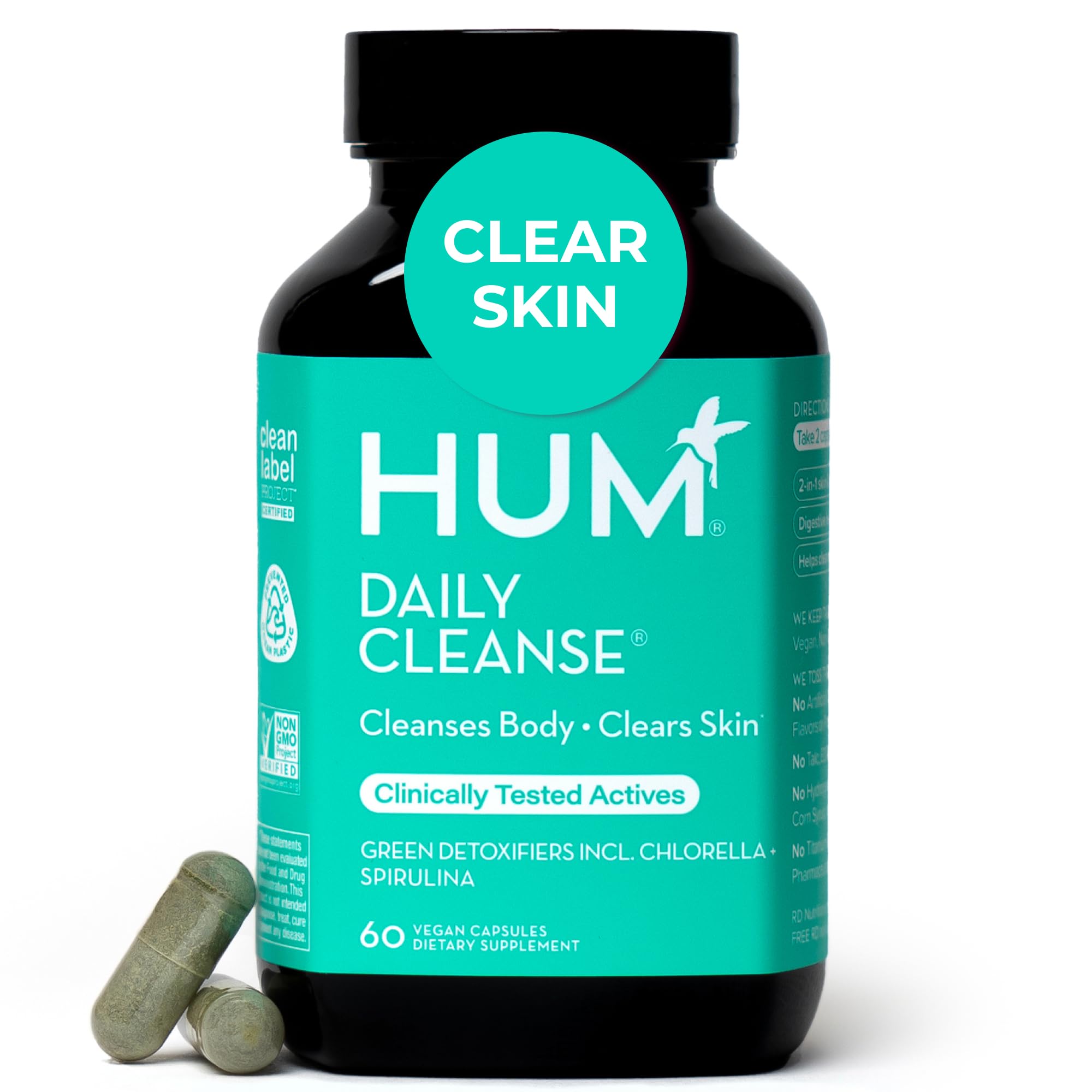 HUM envase frontal Daily Cleanse Acne mostrando 60 cápsulas y beneficio detox