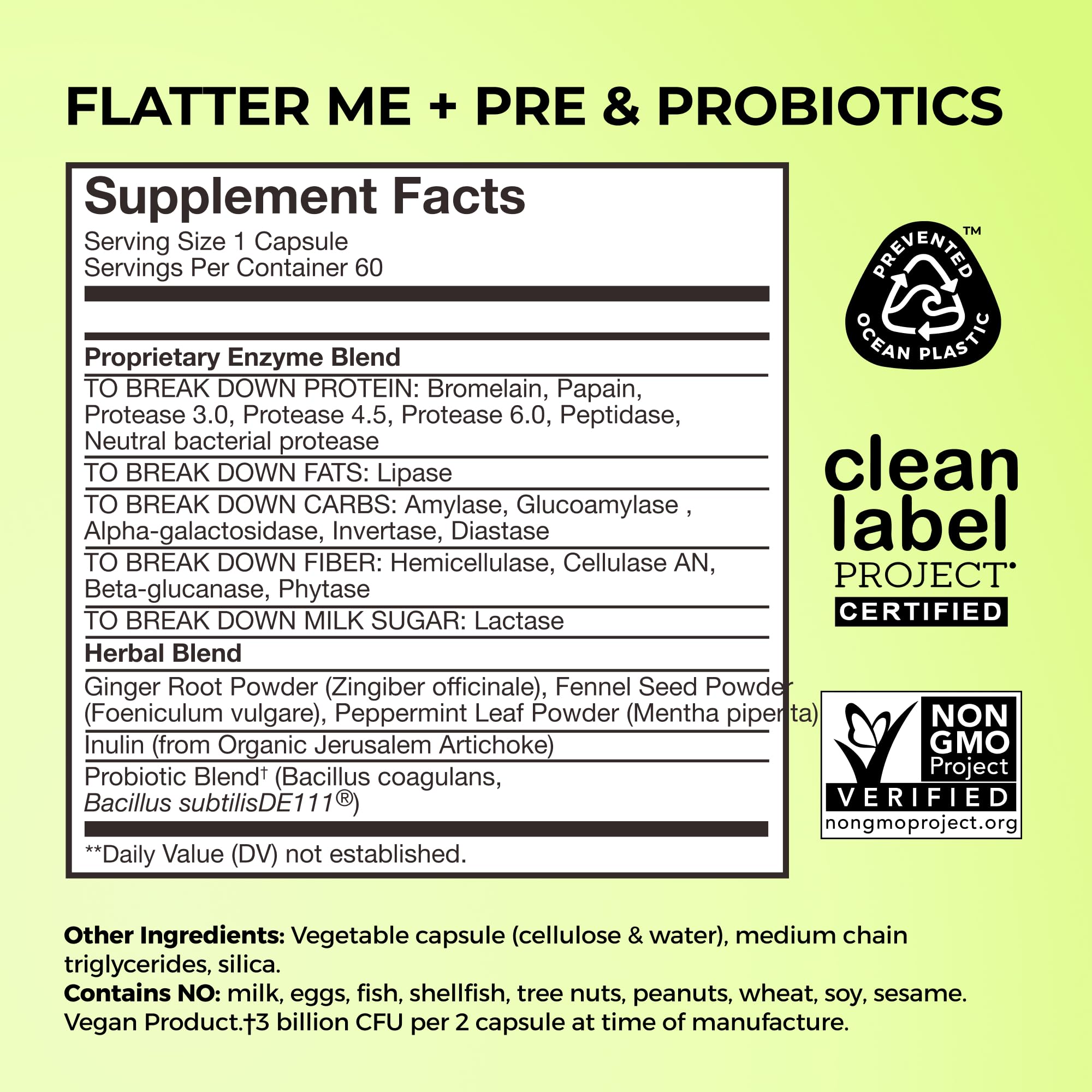 HUM Detalle del empaque de Flatter Me que destaca ingredientes y certificaciones