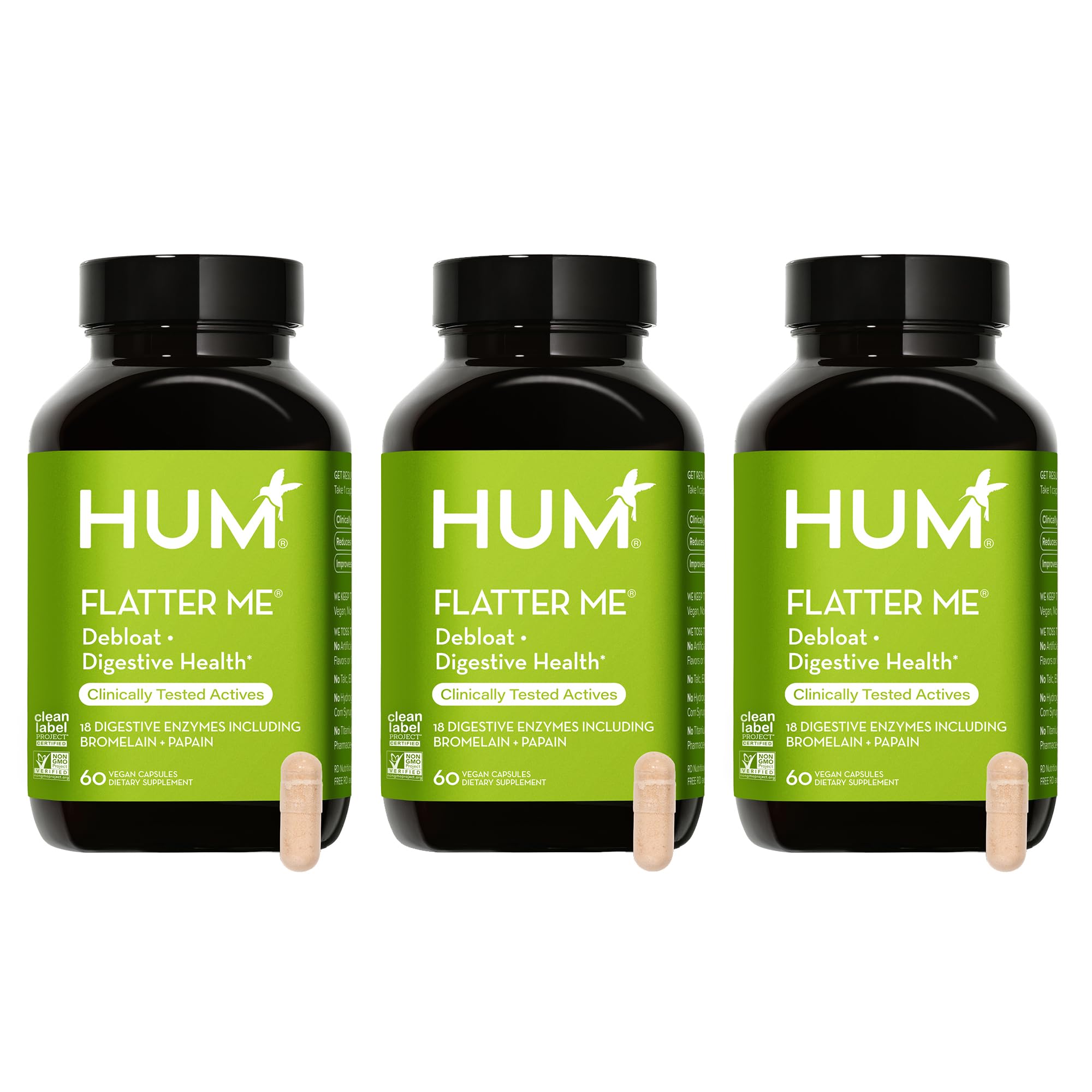 HUM Flatter Me frontal mostrando etiqueta y beneficios para digestión rápida