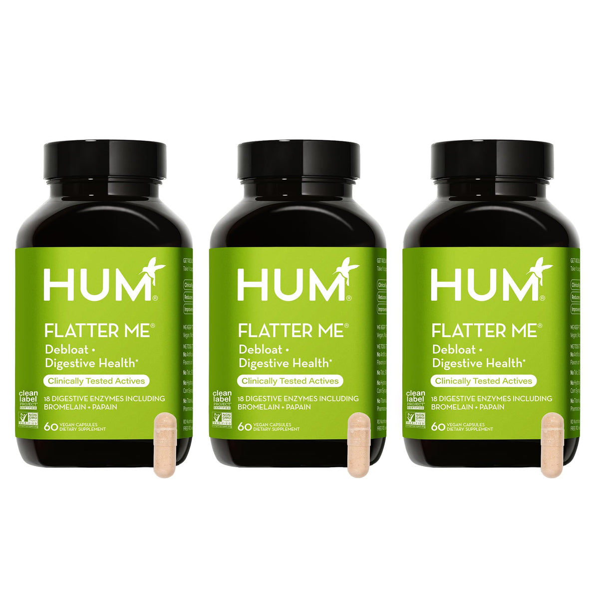 HUM Flatter Me frontal mostrando etiqueta y beneficios para digestión rápida