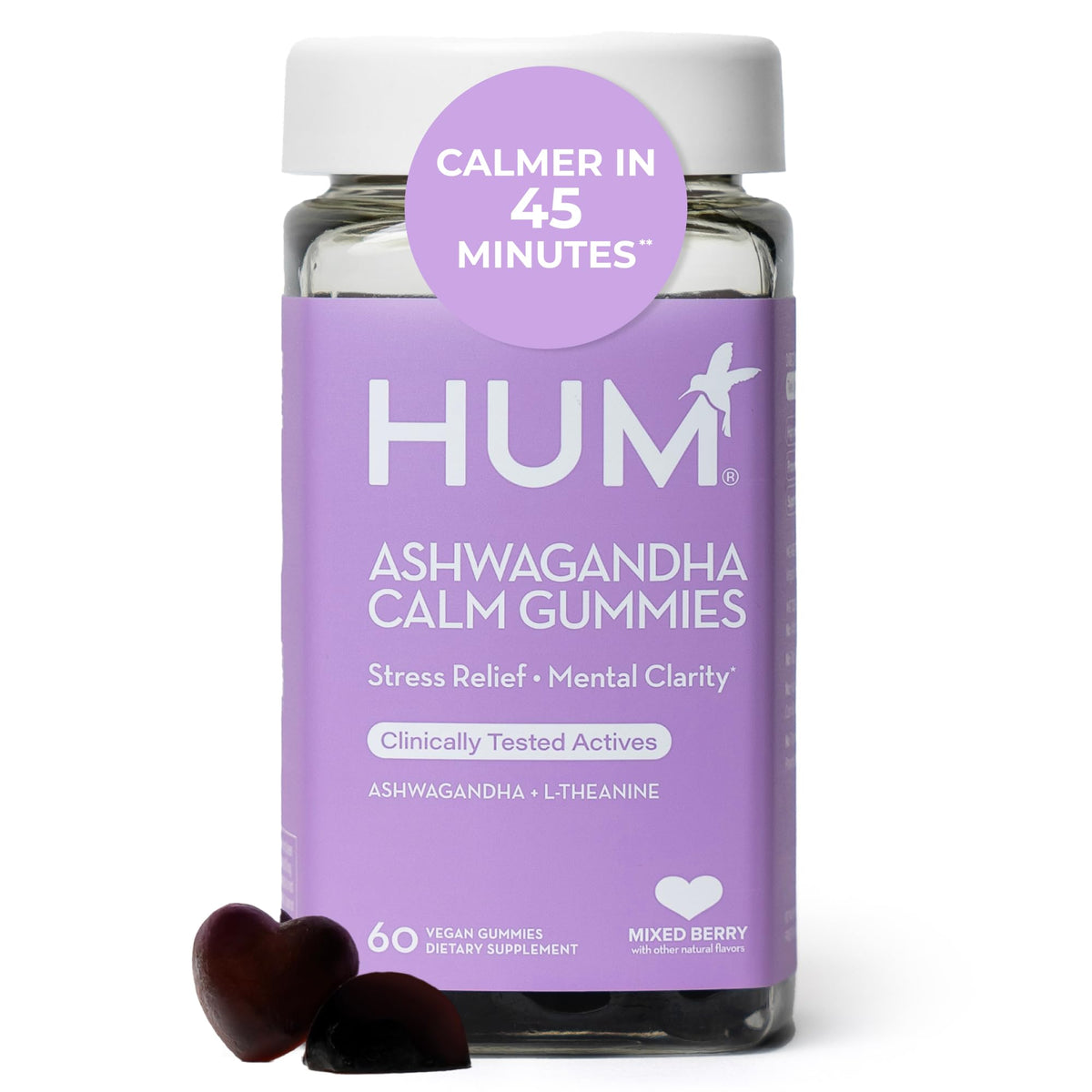 HUM frasco frontal de Calm Ashwagandha Gummies mostrando etiqueta clara y beneficios