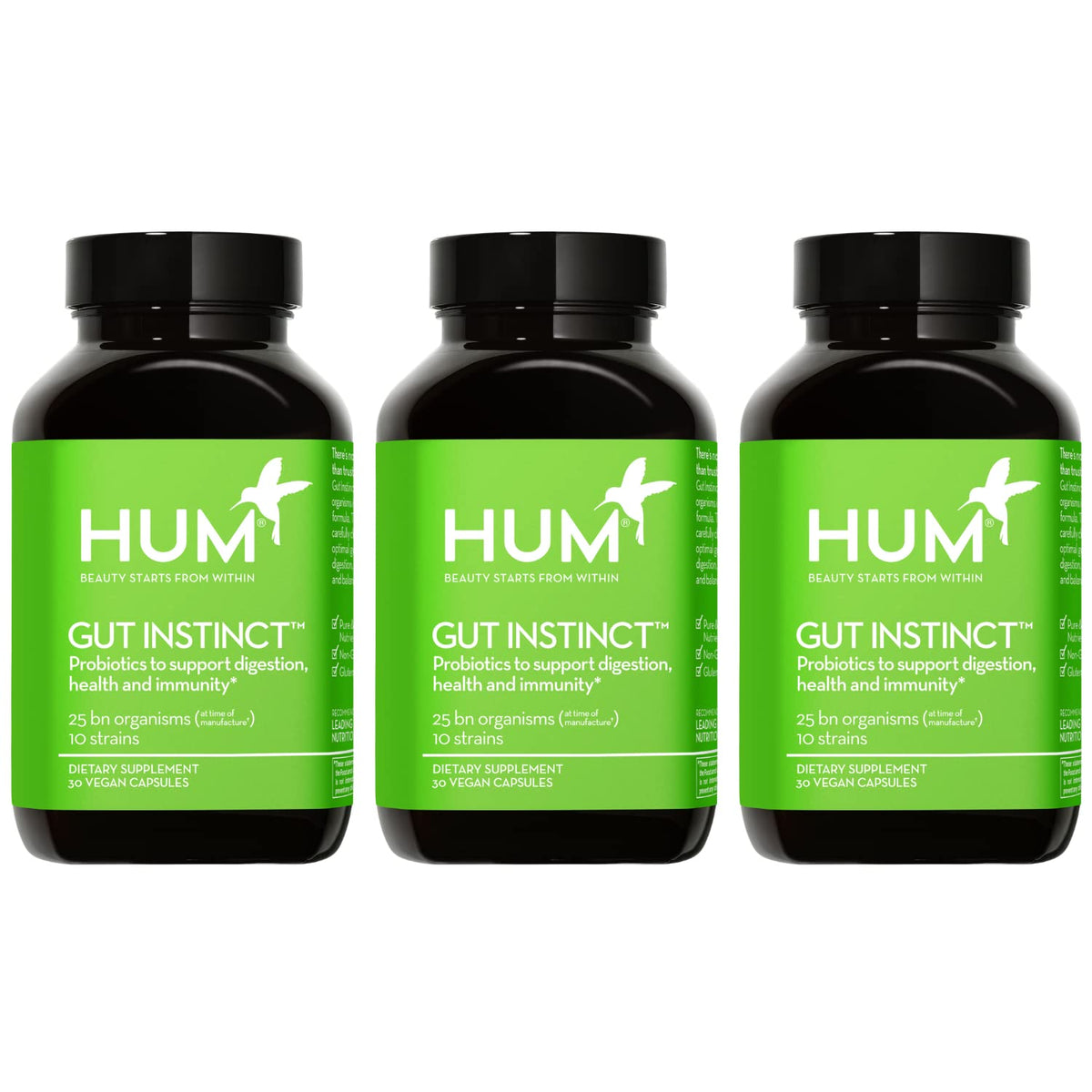 Frasco frontal de HUM Gut Instinct mostrando 90 cápsulas y etiqueta clara, confianza HUM