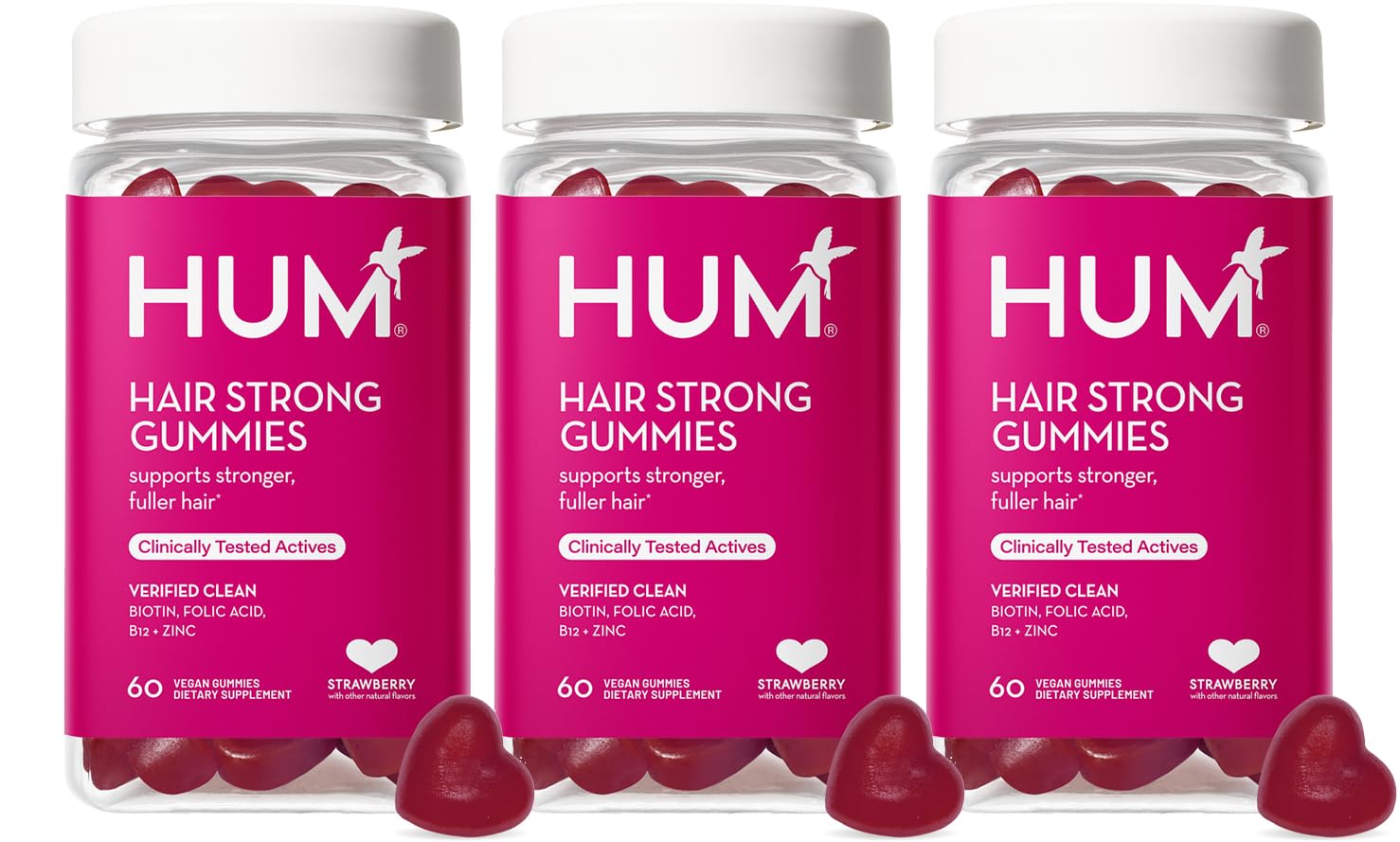 Envase HUM Hair Strong frontal mostrando 180 gomitas y etiqueta clara