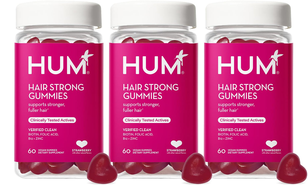 Envase HUM Hair Strong frontal mostrando 180 gomitas y etiqueta clara
