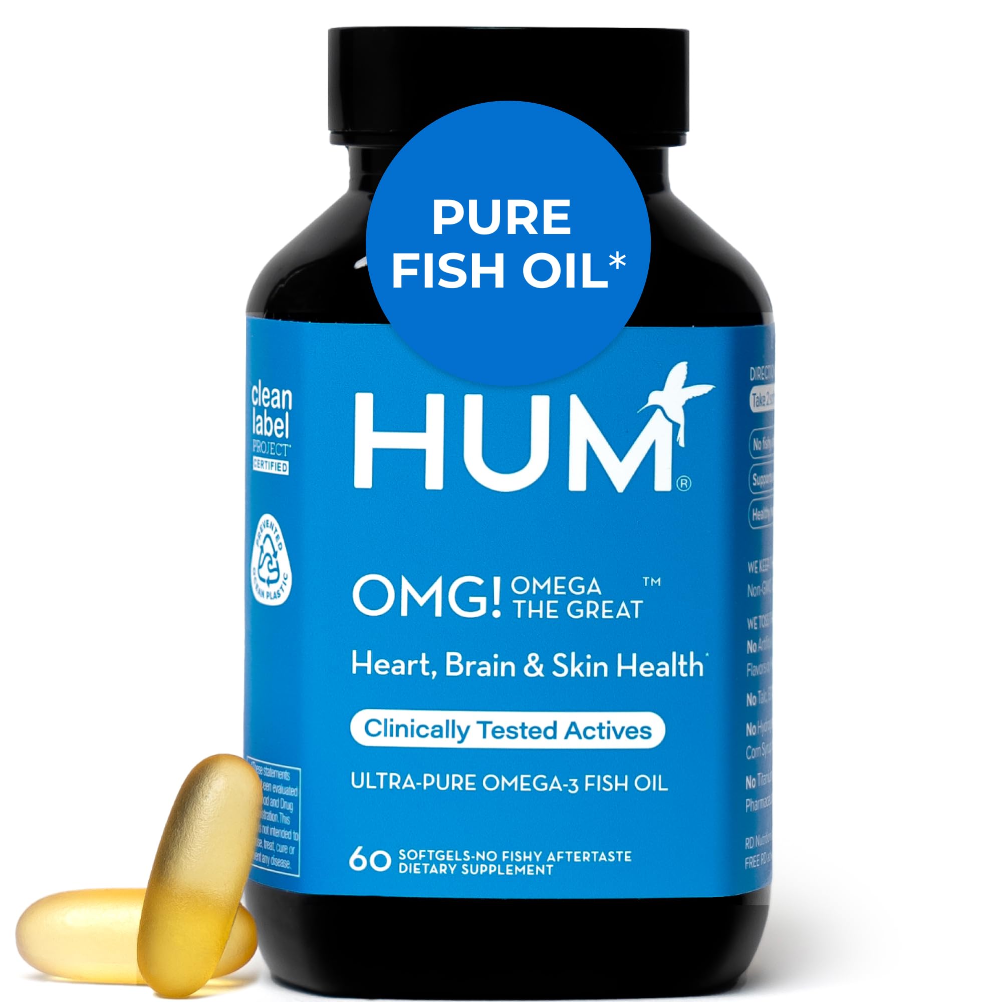 HUM OMG! Omega frasco frontal que muestra 60 softgels y presentación clara
