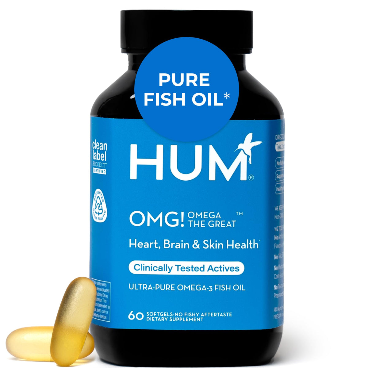 HUM OMG! Omega frasco frontal que muestra 60 softgels y presentación clara