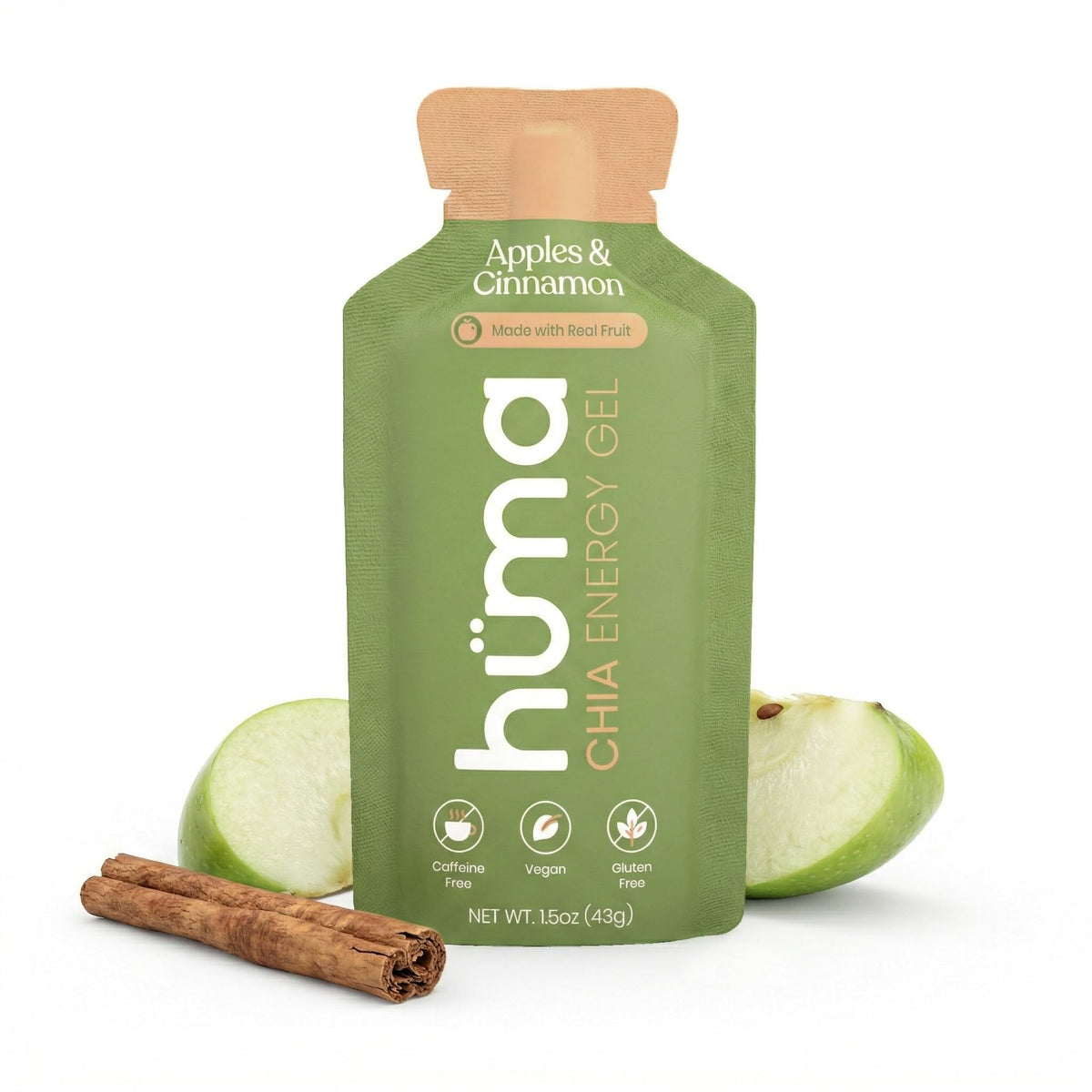 HÜMA CHIA ENERGY GEL frente del empaque mostrando el sabor manzana y canela y conveniencia