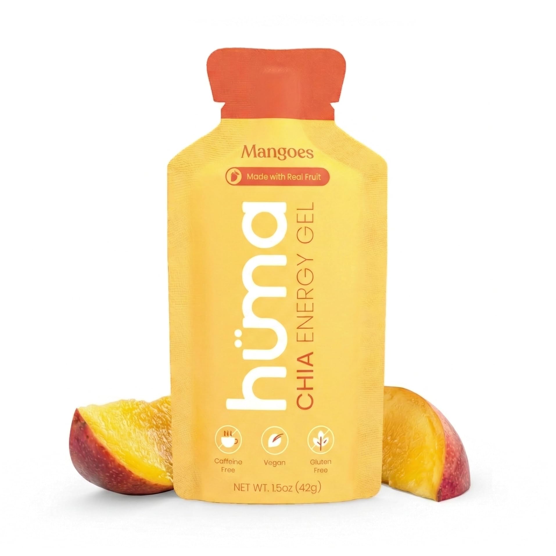HÜMA CHIA ENERGY GEL mango frontal del paquete mostrando 12 geles y beneficio práctico