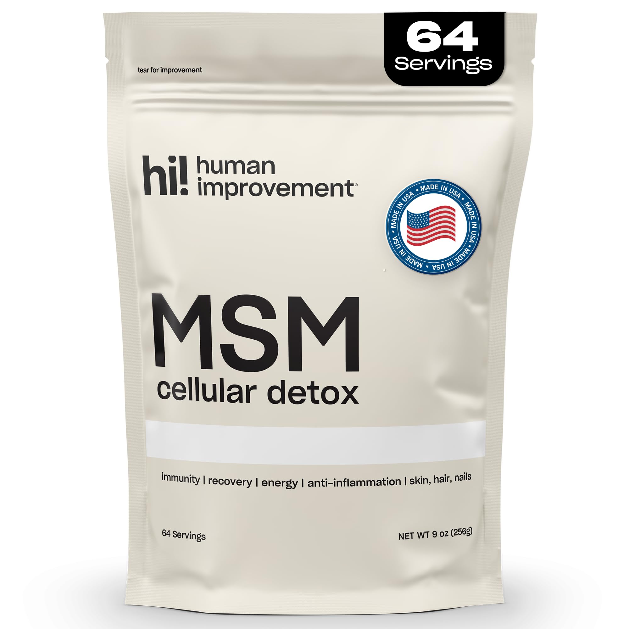 Human Improvement envase frontal del MSM puro mostrando etiqueta y cantidad de raciones