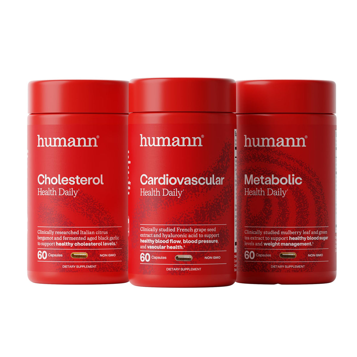 HumanN frascos del bundle frente mostrando tres productos para salud cardiovascular