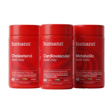 HumanN frascos del bundle frente mostrando tres productos para salud cardiovascular